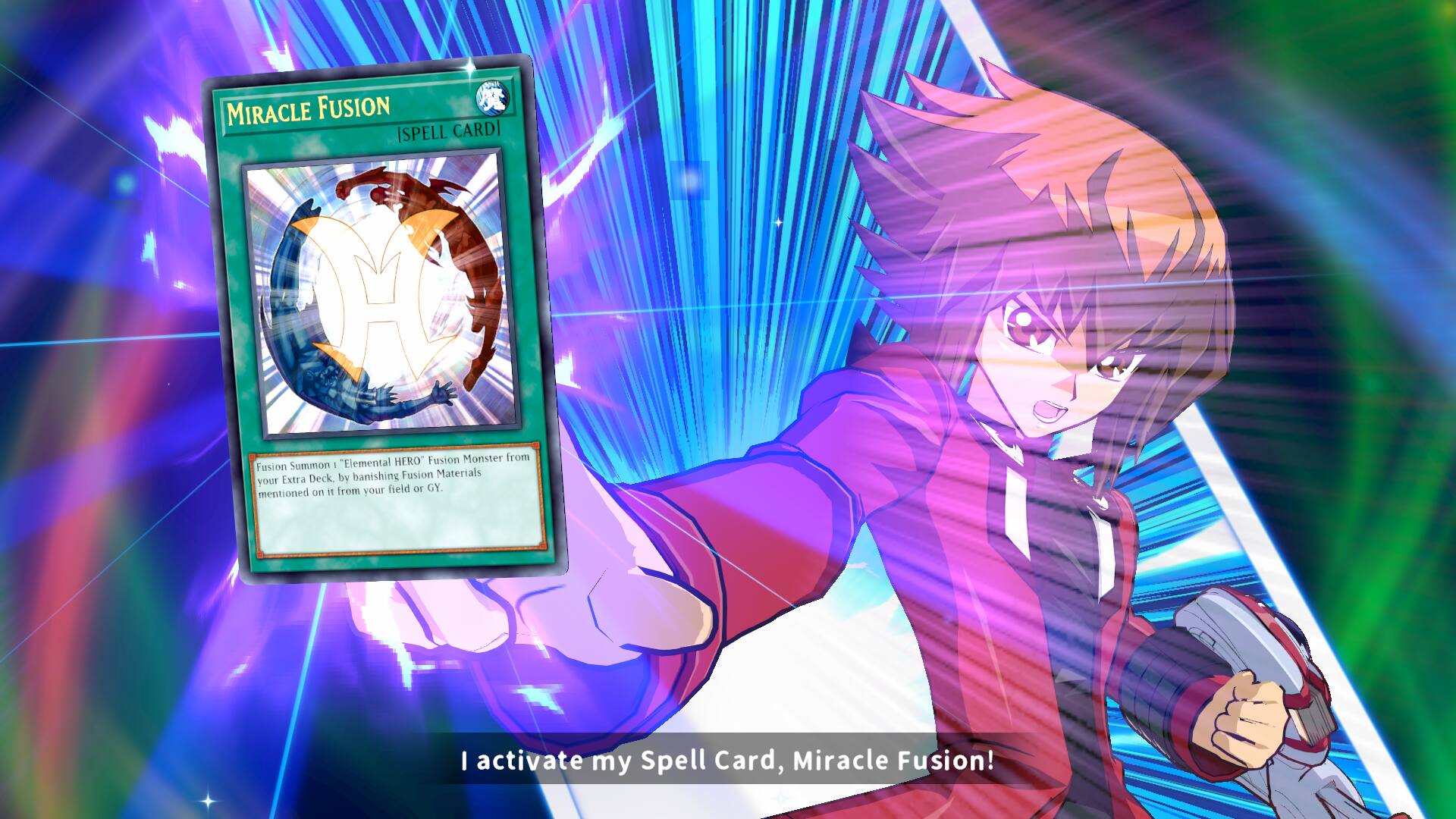 MIRACLE FUSION [SPELL CARD]  
Fusion Spell - "Elemental HERO" Fusion Monster from Fusion Summon - by banishing Fusion Materials mentioned on it from your field or GY.  

I activate my Spell Card, Miracle Fusion!