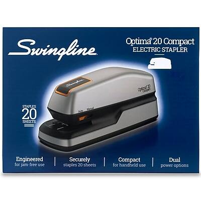 Optima 20 Compact Swingline Electric Stapler

- Staples 20 sheets
- Engineered for jam-free use
- Securely staples 20 sheets
- Compact for handheld use
- Dual power options