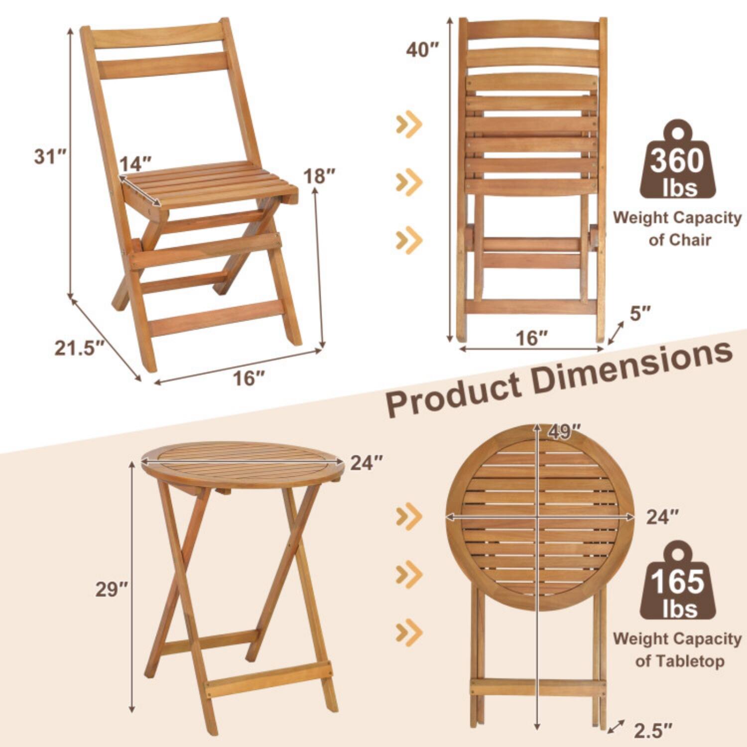 - 40" Height
- 31" Back Height
- 14" Seat Width
- 18" Seat Depth
- 21.5" Armrest Height
- 16" Seat Height
- 5" Leg Height

Weight Capacity of Chair: 360 lbs

- 49" Diameter
- 24" Top Diameter
- 24" Bottom Diameter
- 29" Height
- 2.5" Leg Height

Weight Capacity of Tabletop: 165 lbs