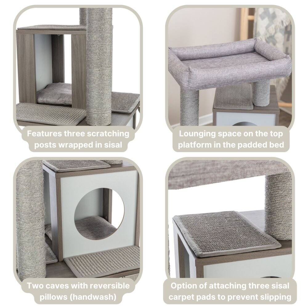 Features three scratching posts wrapped in sisal  
Lounging space on the top platform in the padded bed  
Two caves with reversible pillows (handwash)  
Option of attaching three sisal carpet pads to prevent slipping