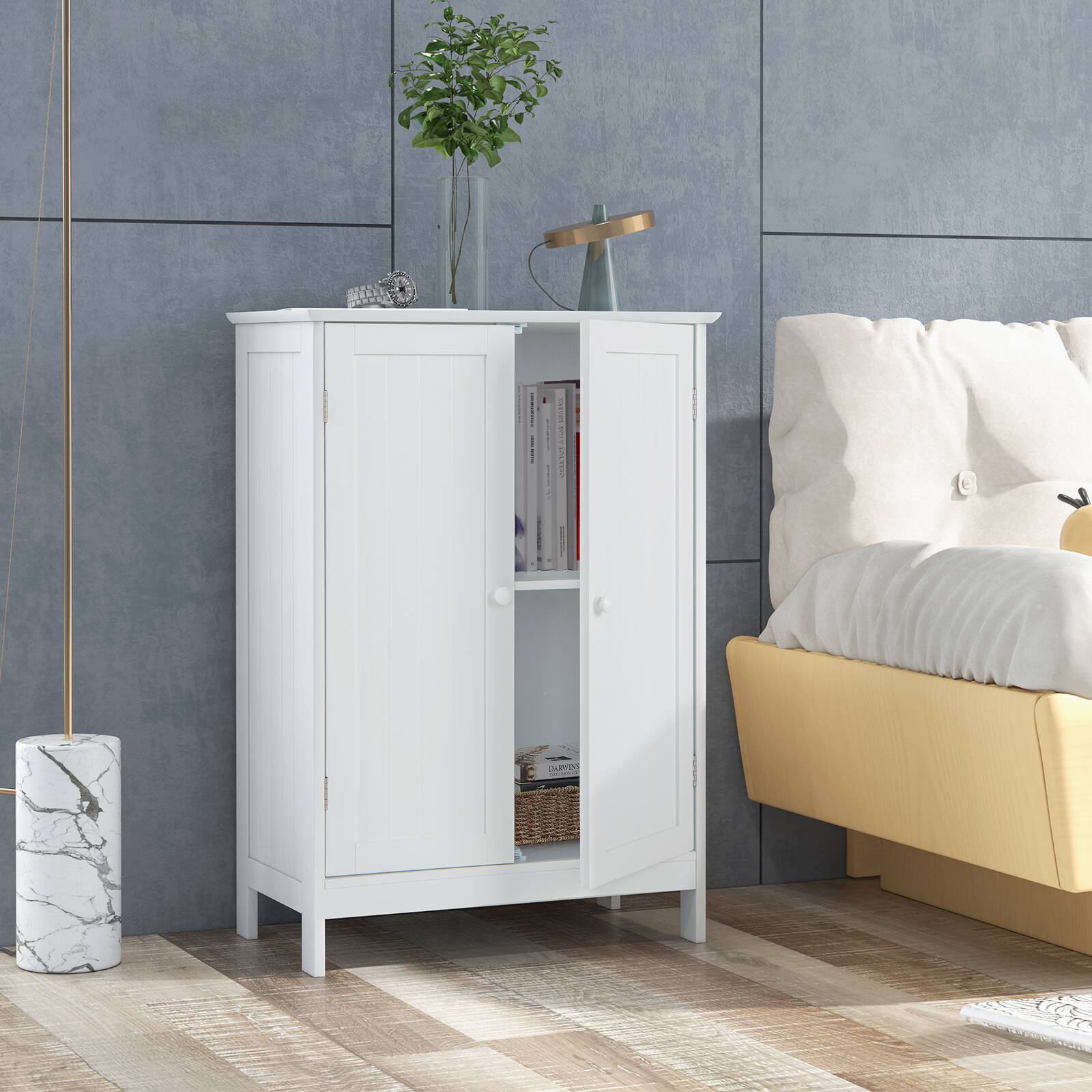 Alt View 4. Costway - Costway Bathroom Floor Storage Cabinet Double Door Kitchen Cupboard Shoe Cabinet - White.