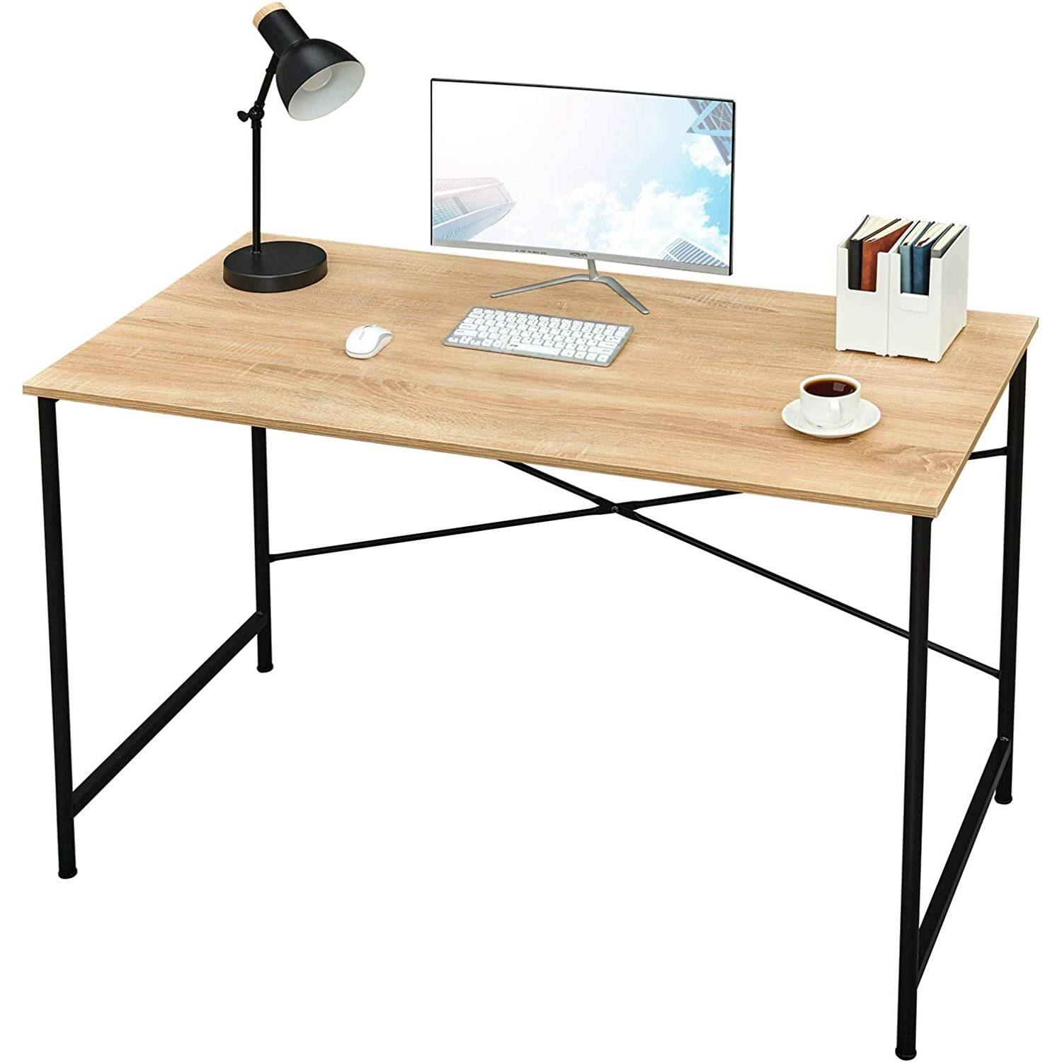 Angle. Hivvago - Modern Home Office Computer Desk Table with Black Metal Frame Wood Top in Oak - Oak.