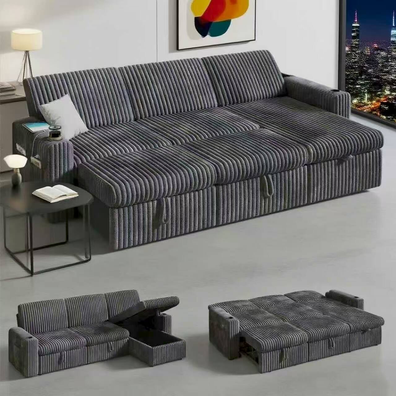 Angle. Dyonery - Dyonery 101-inch modular sofa bed with backrest /USB port/cup holder, tool-free assembly, corduroy，Green - Grey.