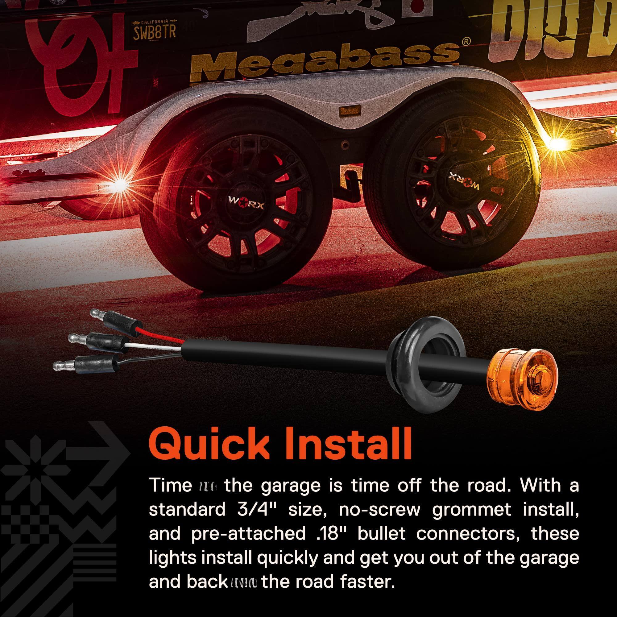 Sure, here is the corrected and grouped text:

---

**SWB8TR CALIFORNIA**

**Megabass**

**WORX**

**Quick Install**

Time in the garage is time off the road. With a standard 3/4" size, no-screw grommet install, and pre-attached 18" bullet connectors, these lights install quickly and get you out of the garage and back on the road faster.

---