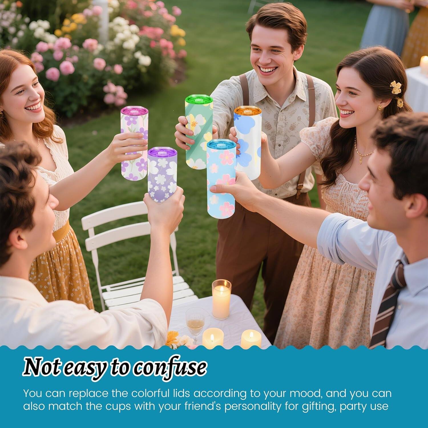 Not easy to confuse. You can replace the colorful lids according to your mood, and you can also match the cups with your friend's personality for gifting, party use.
