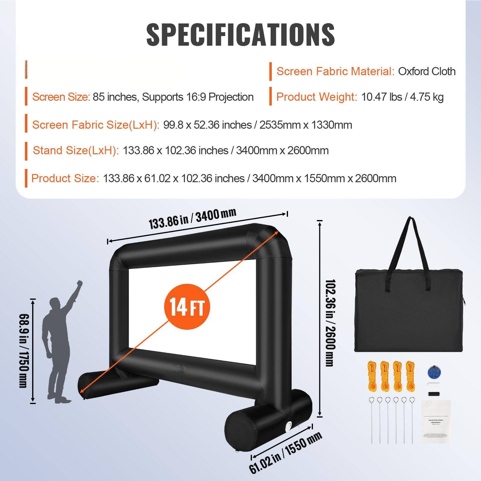 **SPECIFICATIONS**

- **Screen Size:** 85 inches, Supports 16:9 Projection
- **Screen Fabric Material:** Oxford Cloth
- **Screen Fabric Size (LxH):** 99.8 x 52.36 inches / 2535mm x 1330mm
- **Stand Size (LxH):** 133.86 x 102.36 inches / 3400mm x 2600mm
- **Product Size:** 133.86 x 61.02 x 102.36 inches / 3400mm x 1550mm x 2600mm
- **Product Weight:** 10.47 lbs / 4.75 kg

**Dimensions:**
- **Screen Width:** 133.86 in / 3400mm
- **Screen Height:** 68.9 in / 1750mm
- **Stand Height:** 102.36 in / 2600mm
- **Product Depth:** 61.0