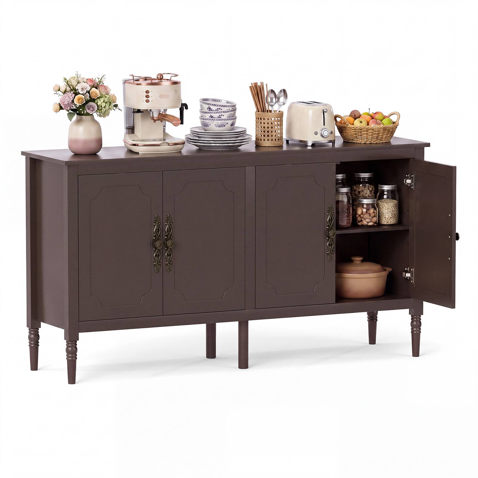 Alt View 1. Costway - Costway 58" Vintage Buffet Cabinet with 4 Doors & 2 Shelves, Storage, Pine Wood Legs - Brown.