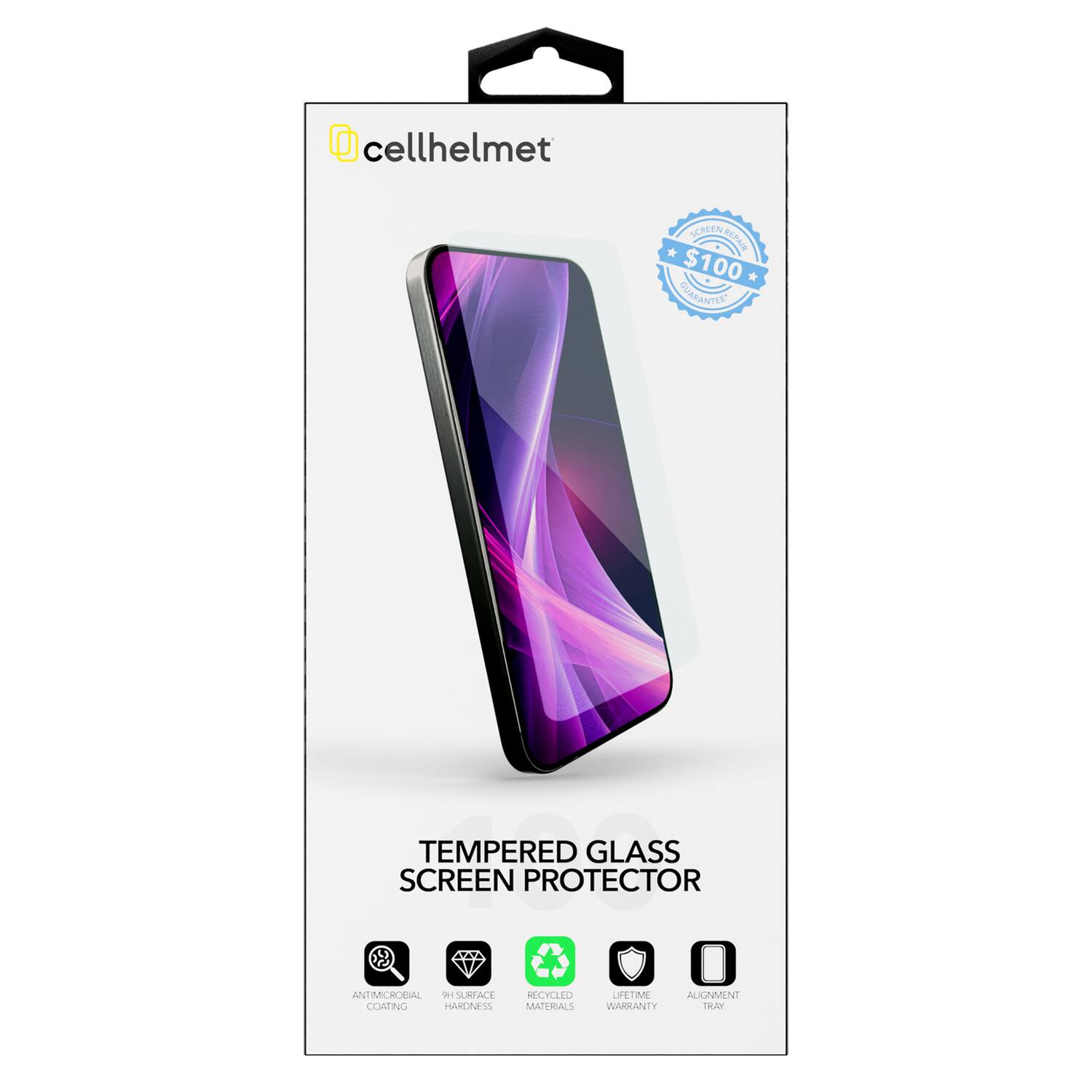 cellhelmet SCREEN SEPAN $100 QUARANTER TEMPERED GLASS SCREEN PROTECTOR ANTIMICROBIAL 2.5D SURFACE COATING HARDNESS RECYCLED MATERIALS LIFETIME WARRANTY ALIGNMENT TRAY