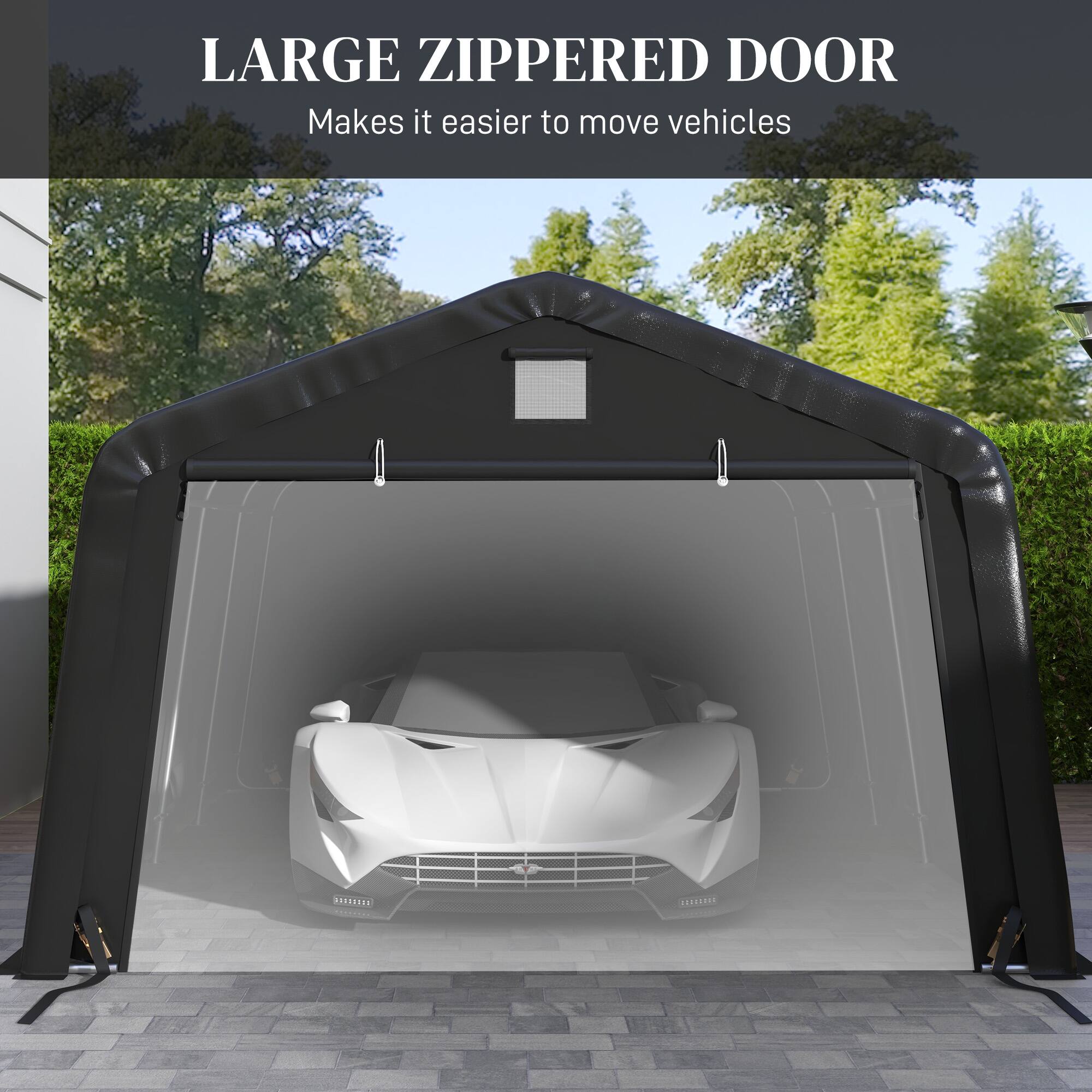 LARGE ZIPPERED DOOR Makes it easier to move vehicles