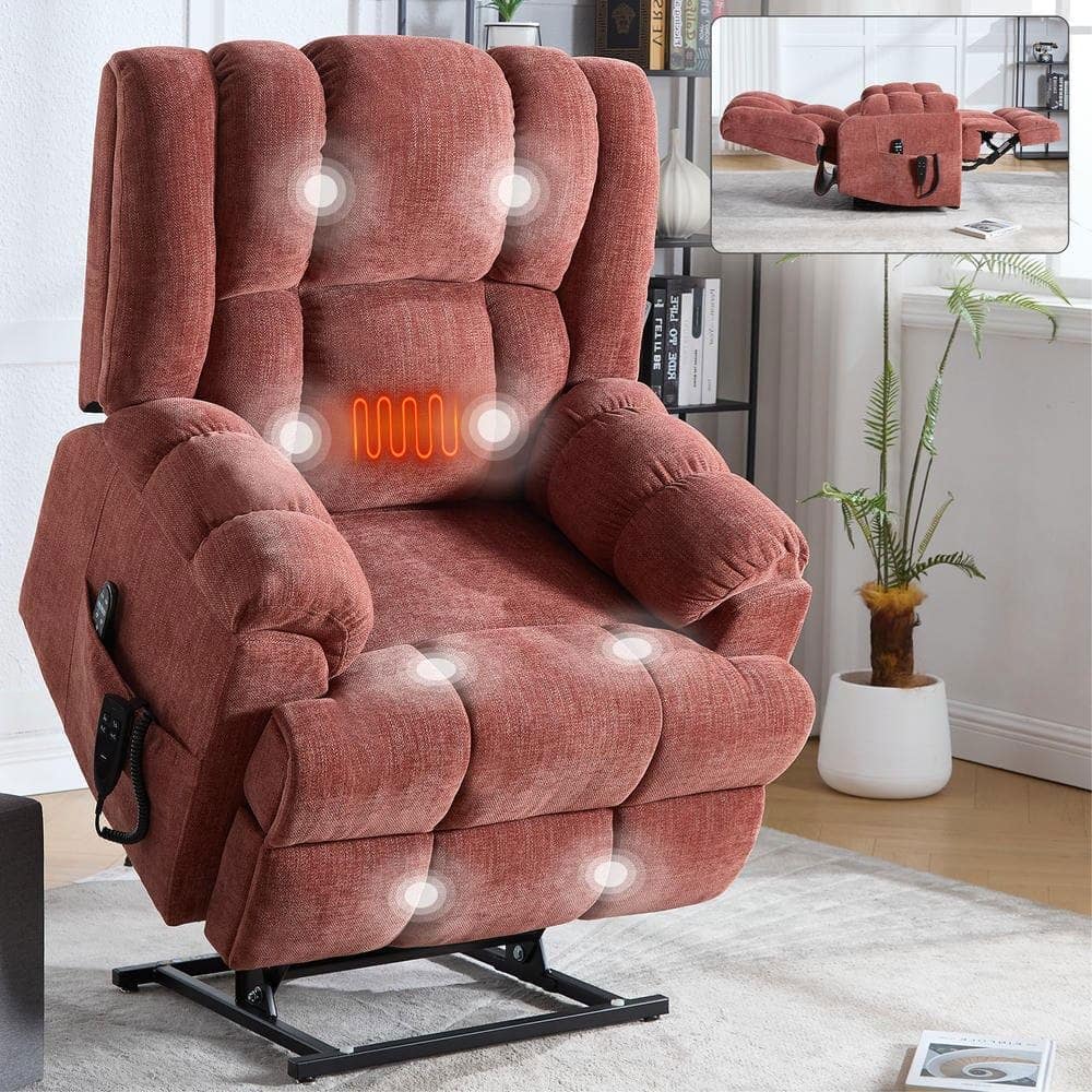 Kadyn - Dual Motor Power Lift Recliner, Massage & Heat, 350lb Capacity, Easy Assembly, Chenille - Red