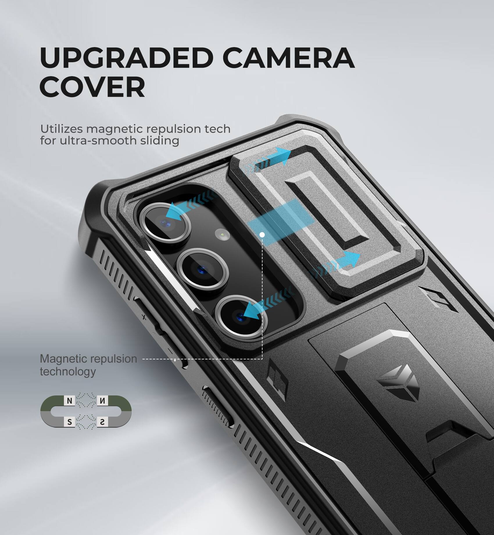 UPGRADED CAMERA COVER, Utilizes magnetic repulsion tech for ultra-smooth sliding, Magnetic repulsion technology, N S S
