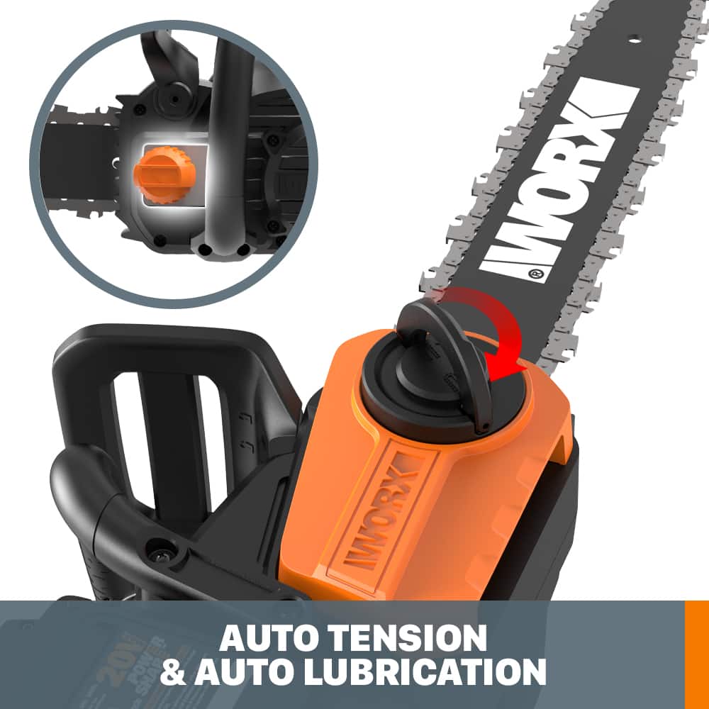 The text on the image reads: "WORX MAX AUTO TENSION & AUTO LUBRICATION."