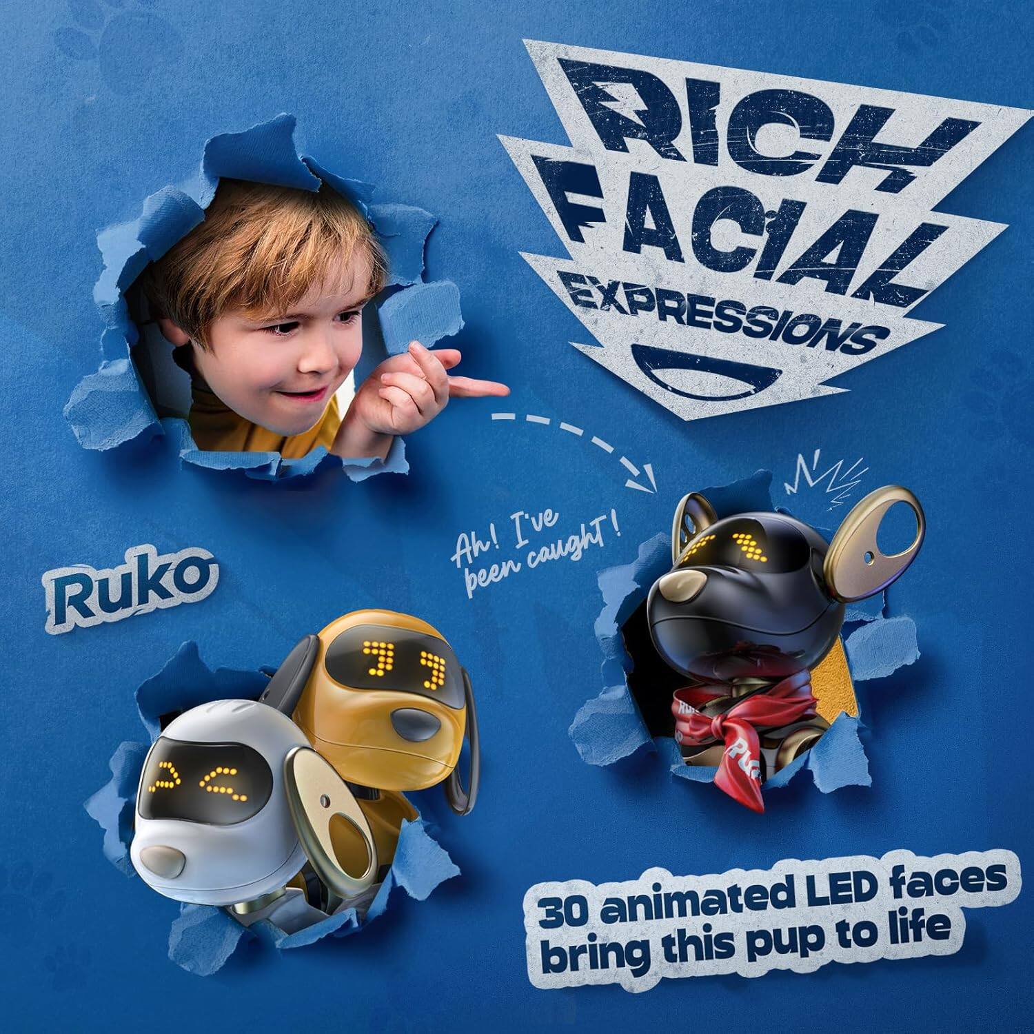 RICH FACIAL EXPRESSIONS

Ruko

Ah! I've been caught!

30 animated LED faces bring this pup to life