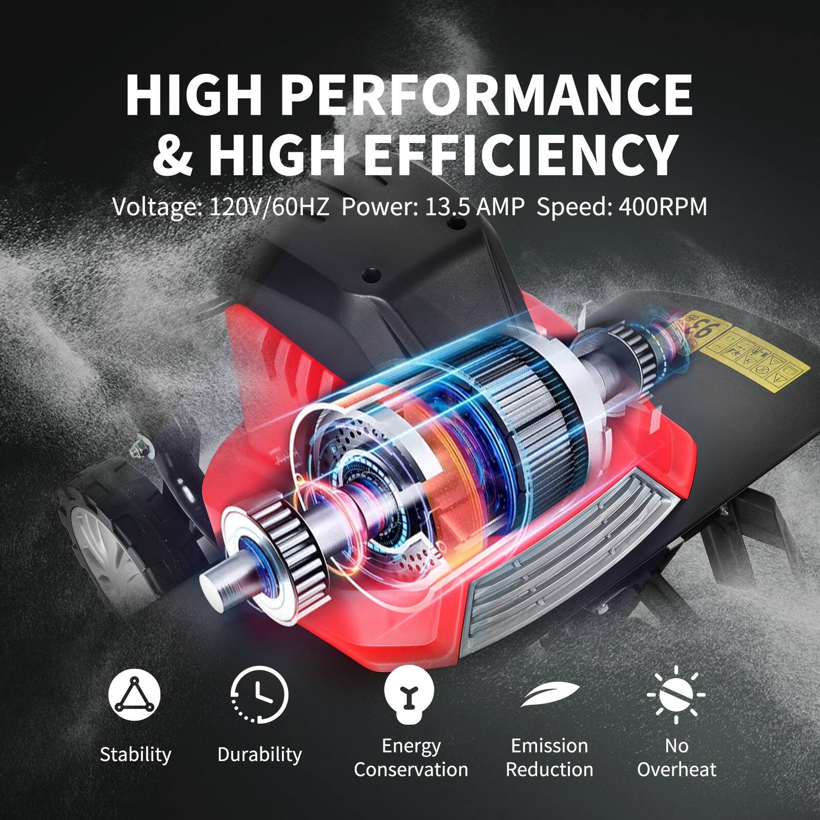 HIGH PERFORMANCE & HIGH EFFICIENCY

Voltage: 120V/60HZ  
Power: 13.5 AMP  
Speed: 400RPM

- Stability
- Durability
- Energy Conservation
- Emission Reduction
- No Overheat