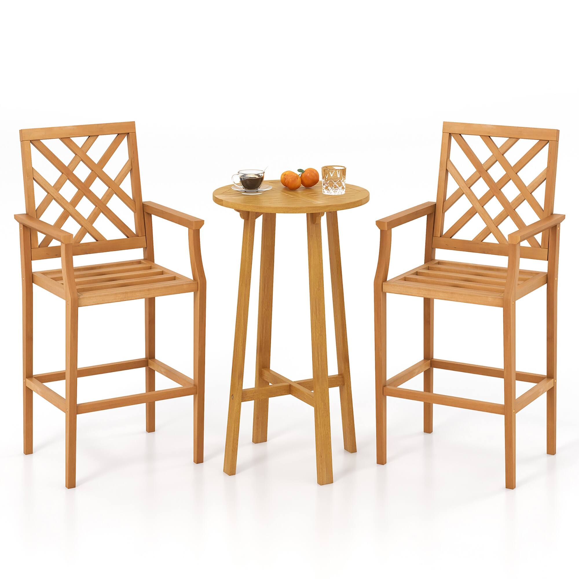 Alt View 8. Gymax - Gymax 3 PCS Patio Bar Set Round Cocktail Table w/ 2 Stools w/ Backrest Armrests - Natural.