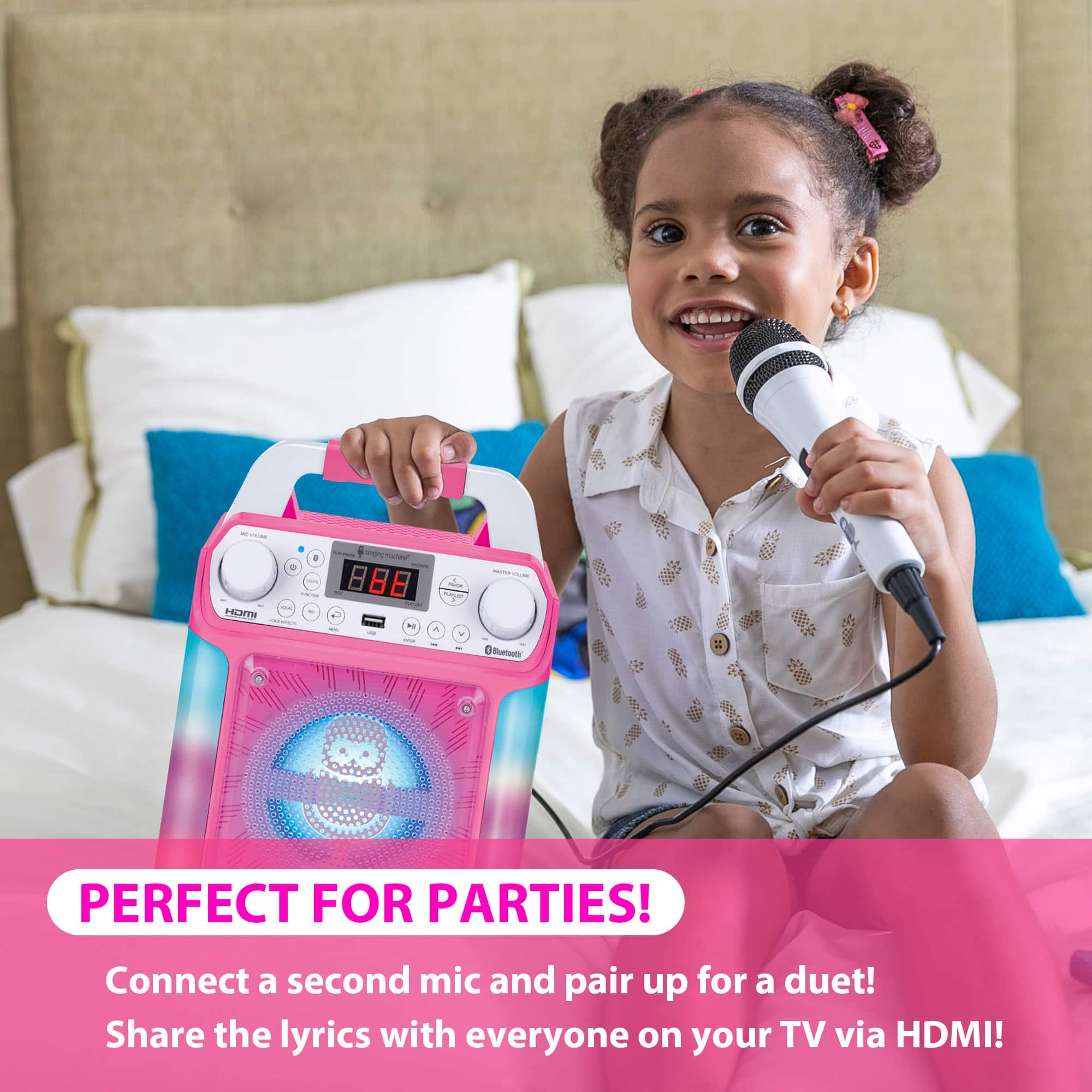 "Perfect for parties! Connect a second mic and pair up for a duet! Share the lyrics with everyone on your TV via HDMI!"