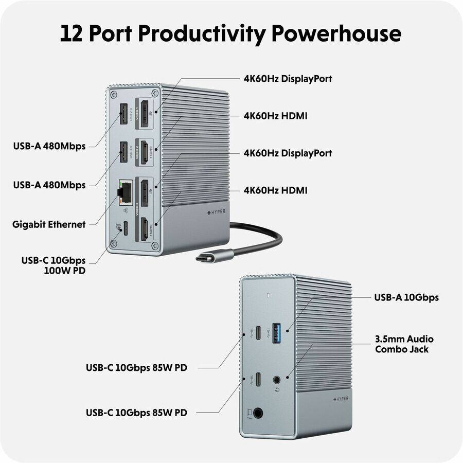12 Port Productivity Powerhouse

- 4K60Hz DisplayPort
- 4K60Hz HDMI
- 4K60Hz DisplayPort
- 4K60Hz HDMI
- USB-A 480Mbps
- USB-A 480Mbps
- Gigabit Ethernet
- USB-C 10Gbps 100W PD
- USB-C 10Gbps 85W PD
- USB-C 10Gbps 85W PD
- USB-A 10Gbps
- 3.5mm Audio Combo Jack