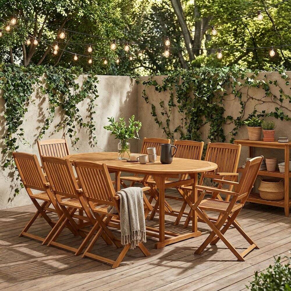 Alt View 3. Outdoor Escape - Wooden Patio Set Oil Finish Durable Outdoor Dining Table with 8 Chairs - Brown.