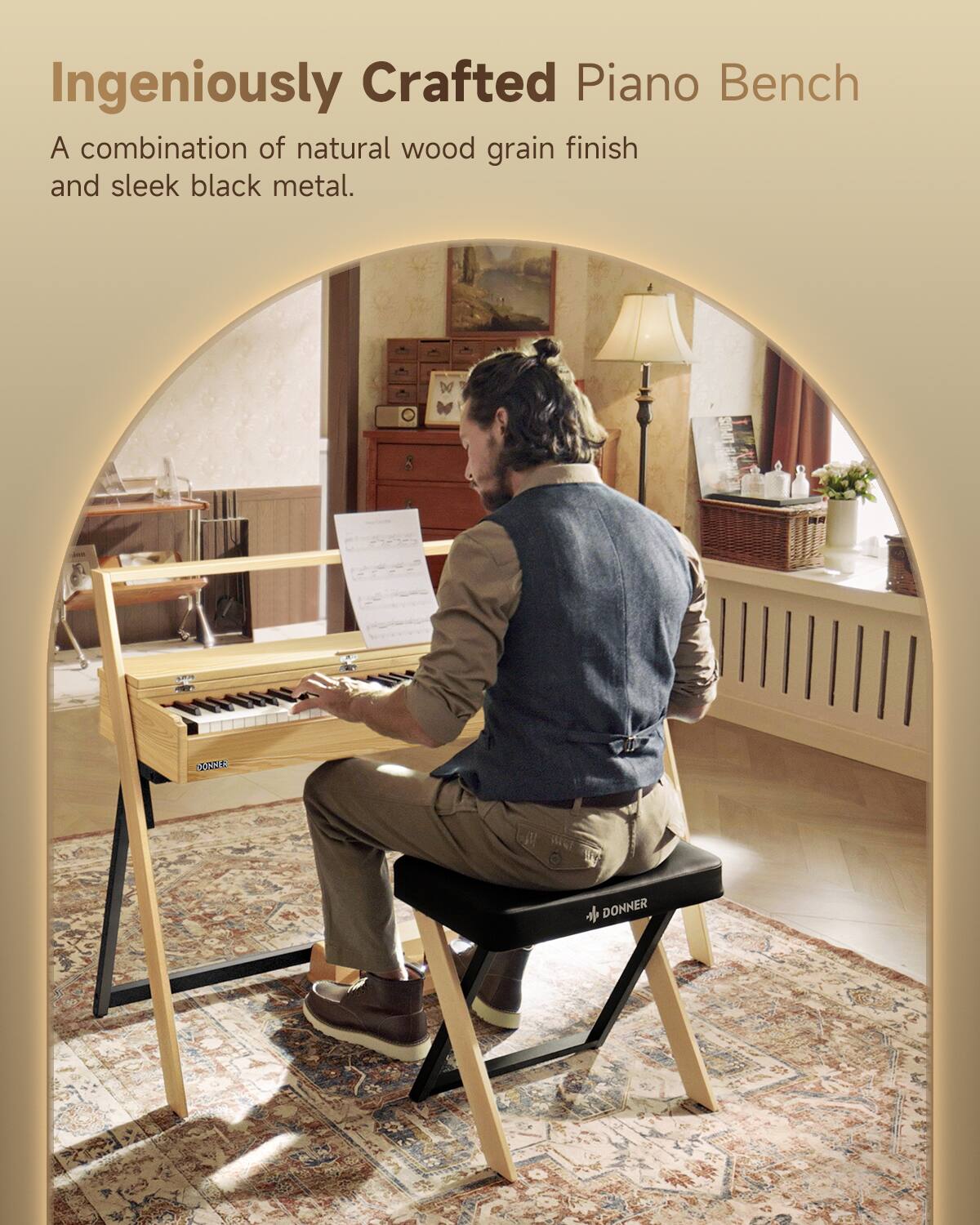 Ingeniously Crafted Piano Bench

A combination of natural wood grain finish and sleek black metal.

DONNER