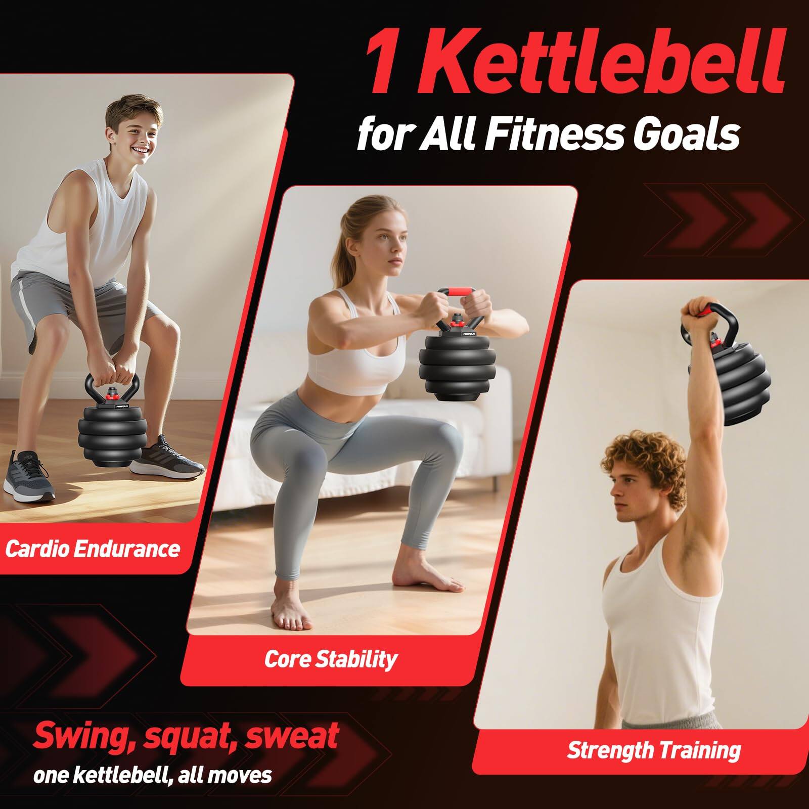1 Kettlebell for All Fitness Goals

Cardio Endurance

Core Stability

Strength Training

Swing, squat, sweat one kettlebell, all moves