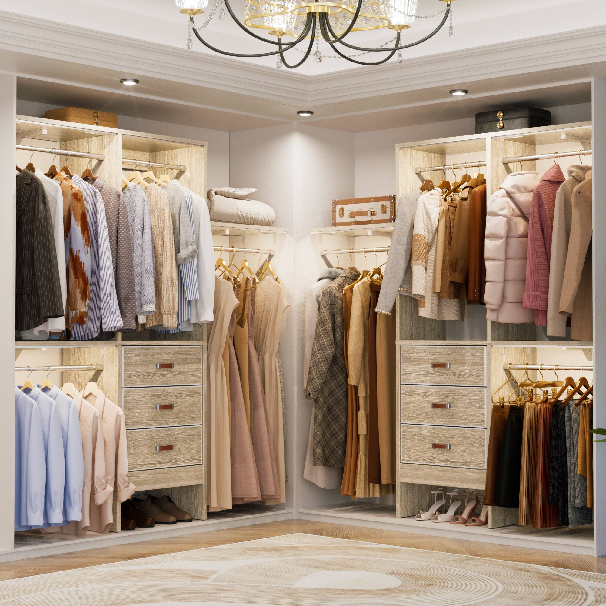 Back. Aheaplus - 60" Walk-in Closet Organizer: 3 Fabric Drawers, 3 Adjustable Shelves, Heavy Duty Garment Rack - 59"L x 16"W x 71"H - White Oak.
