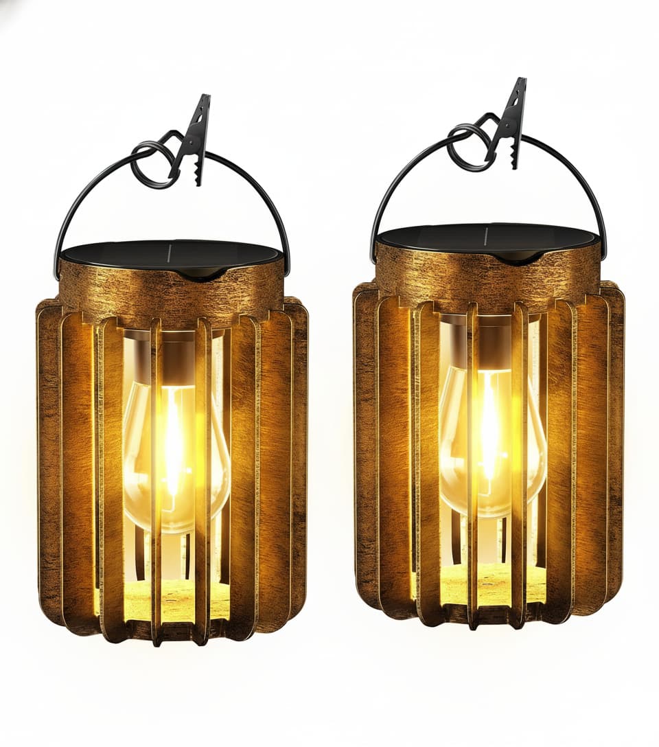 Front. FINEAK - 7" 2 Pack Solar Hanging Lanterns - Waterproof 12 Hrs Bright Outdoor Lights - ‎Bronze.