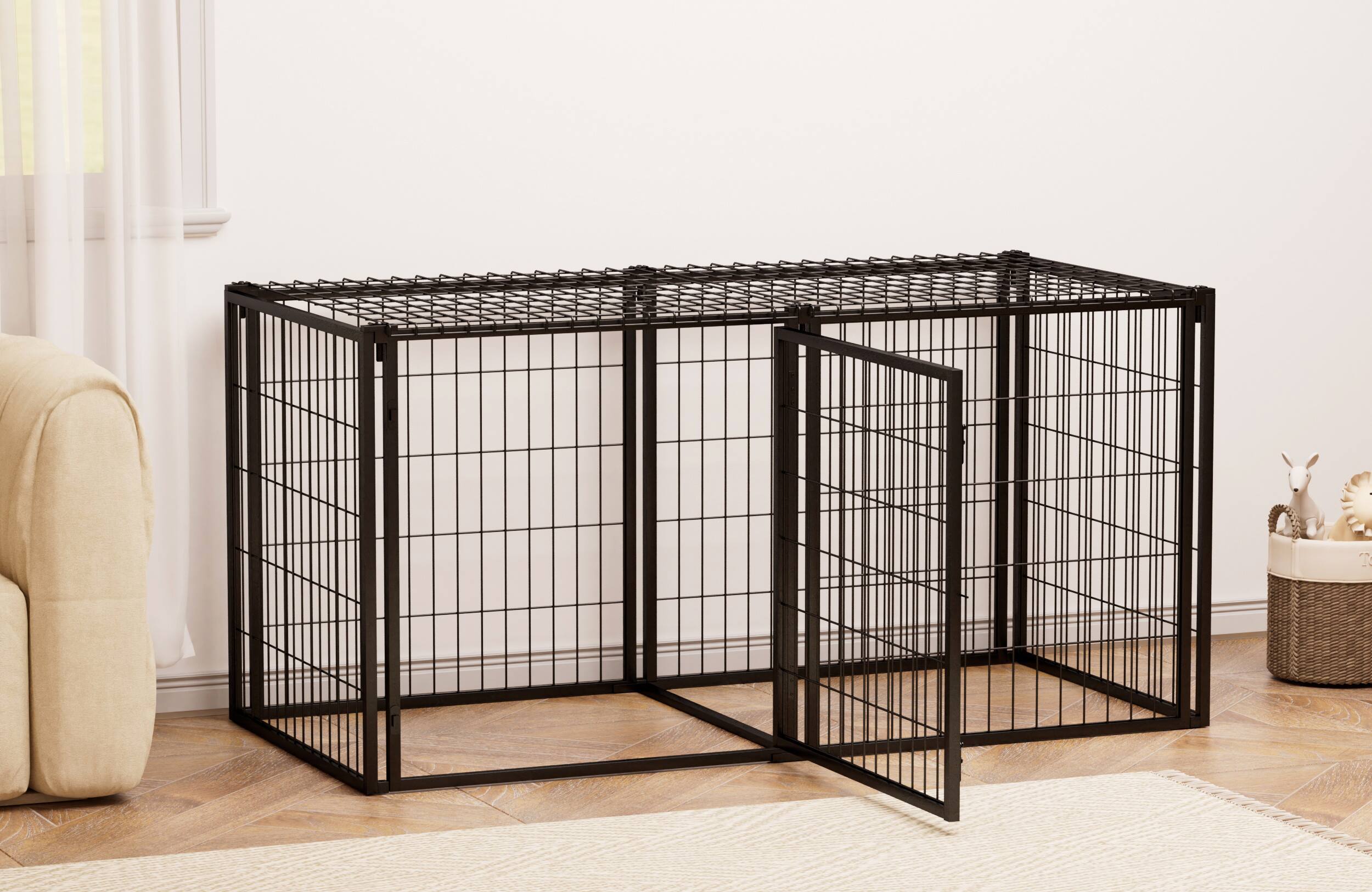 Alt View 6. Siljoy - 63" Black Dog Playpen with Top, Indoor Kennel & Divider for Medium Dogs, Customizable Door.