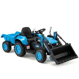 U-HOMY - Remote Control Ride-On Excavator Toy with Working Arm, Trailer, Lights, Music, and Safety Belt - Blue