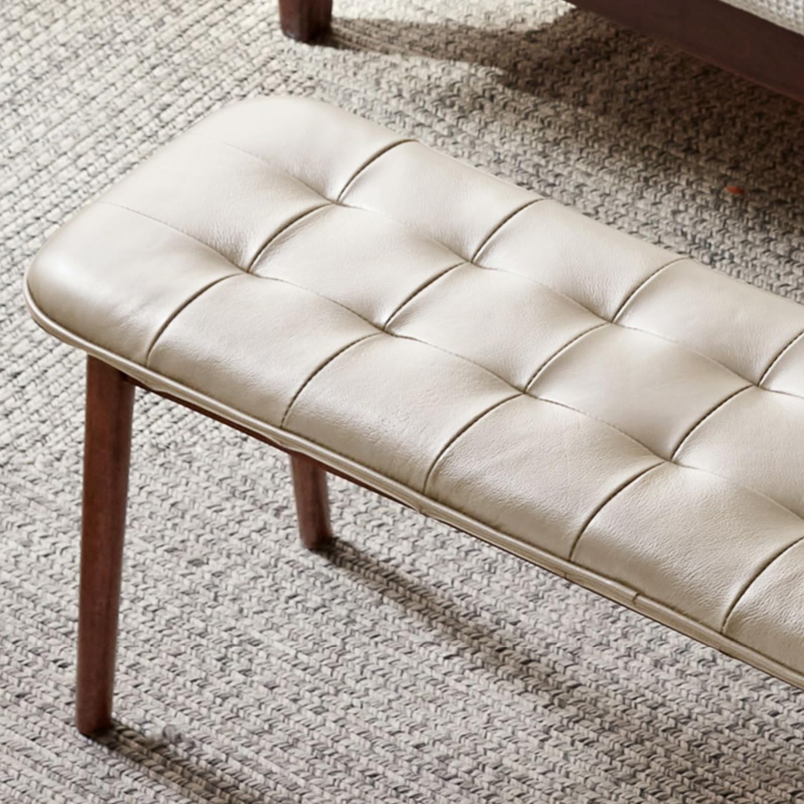 Alt View 1. Bestier - 51inch Natural Oak Wood Dining Bench With Leather Cushion for Living Room & Bedroom - Off White+Walnut.