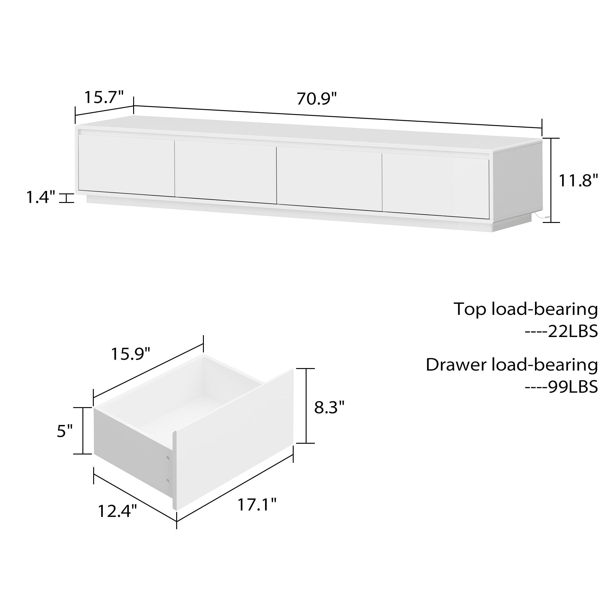 The text on the image is grouped and corrected as follows:

15.7" 70.9" 1.4" H 11.8" 5" 15.9" 8.3" Top load-bearing 22LBS Drawer load-bearing 99LBS 12.4" 17.1"