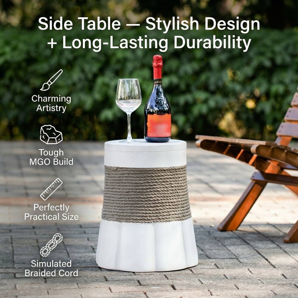 Side Table — Stylish Design + Long-Lasting Durability

- Charming Artistry
- Tough MGO Build
- Perfectly Practical Size
- Simulated Braided Cord