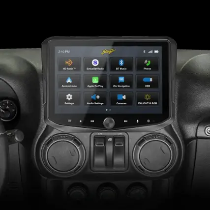 The text on the image is grouped as follows:

1. 2:10 PM
2. HD Radio
3. Stanger S
4. SiriusXM Radio
5. BT Music
6. Phone
7. IGO: Android Auto
8. Apple CarPlay
9. IGO Navigation
10. USB
11. e J H Settings
12. Audio Settings
13. Cameras
14. ENLIGHT10 RGB
15. H44 - BED AUTO AUTO eap ee ArC