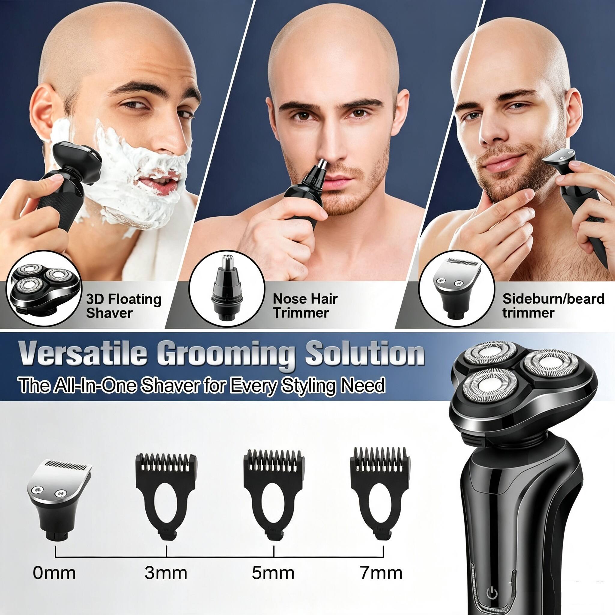 3D Floating Nose Hair Shaver Trimmer Versatile Grooming Solution The All-In-One Shaver for Every Styling Need Sideburn/beard trimmer 0mm 3mm 5mm 7mm