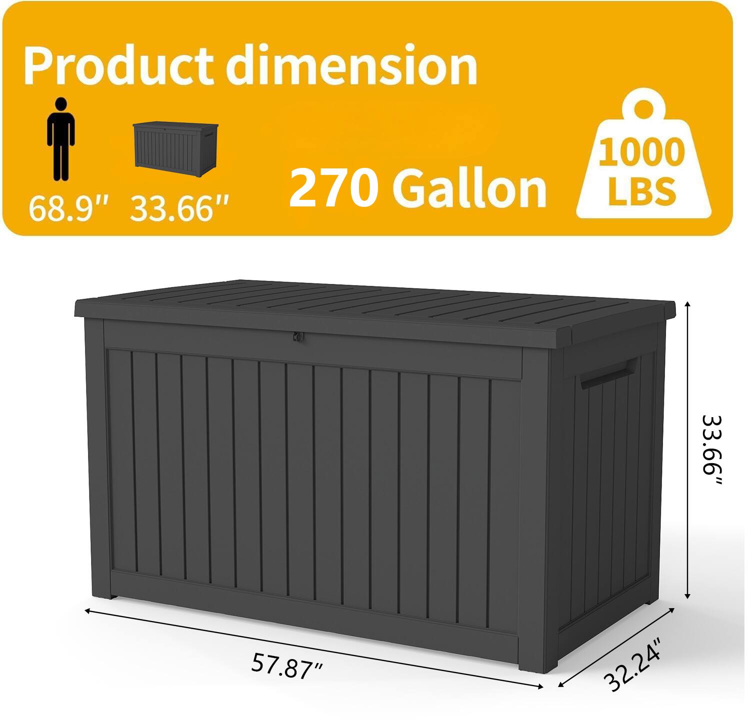Product dimension  
270 Gallon  
1000 LBS  

68.9" x 33.66" x 57.87" x 32.24"