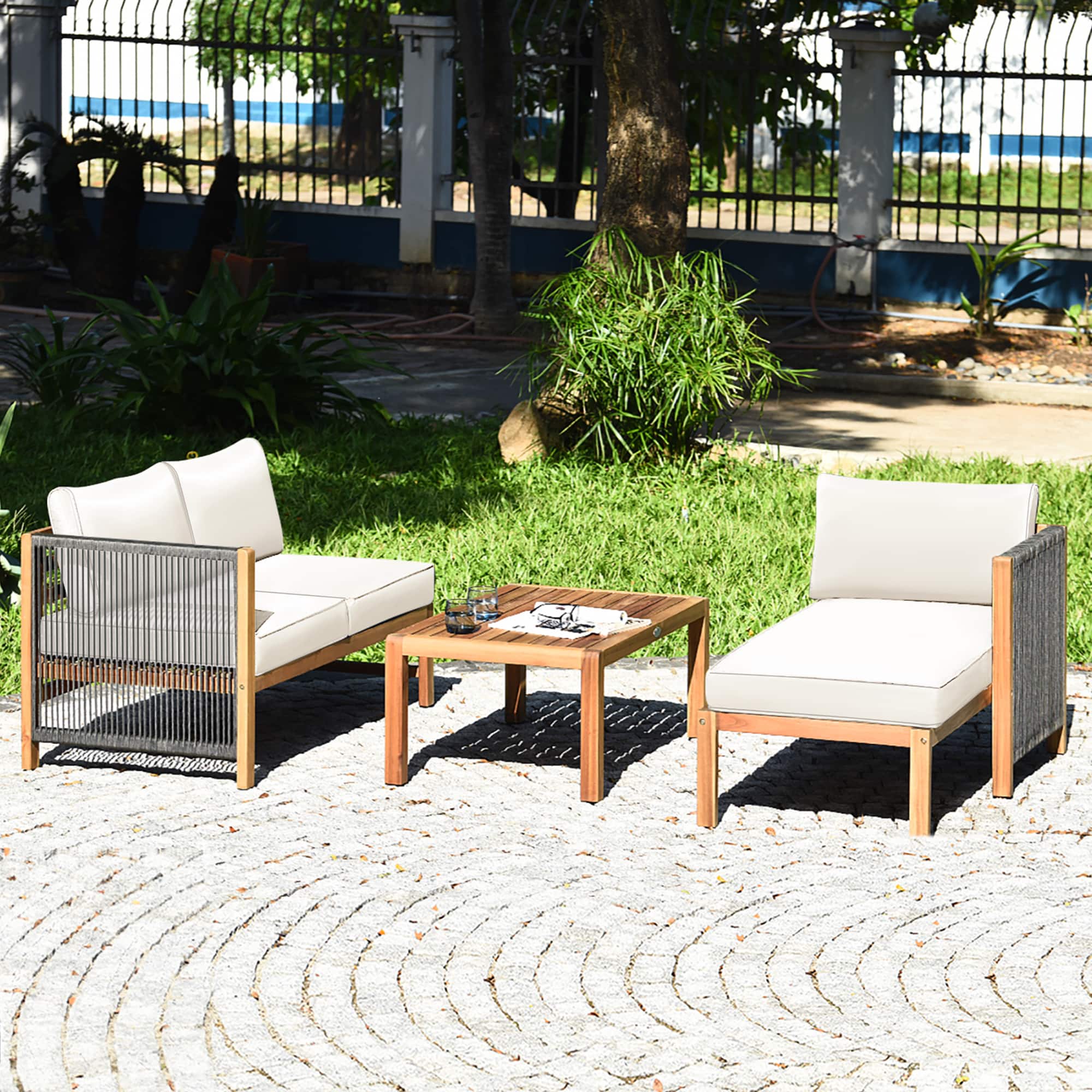 Gymax - 3PCS Patio Acacia Wood Sofa Furniture Set Thick Cushion W/ Nylon Rope Armrest - White price history on PriceWatchPro
