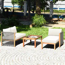 Gymax - 3PCS Patio Acacia Wood Sofa Furniture Set Thick Cushion W/ Nylon Rope Armrest - White
