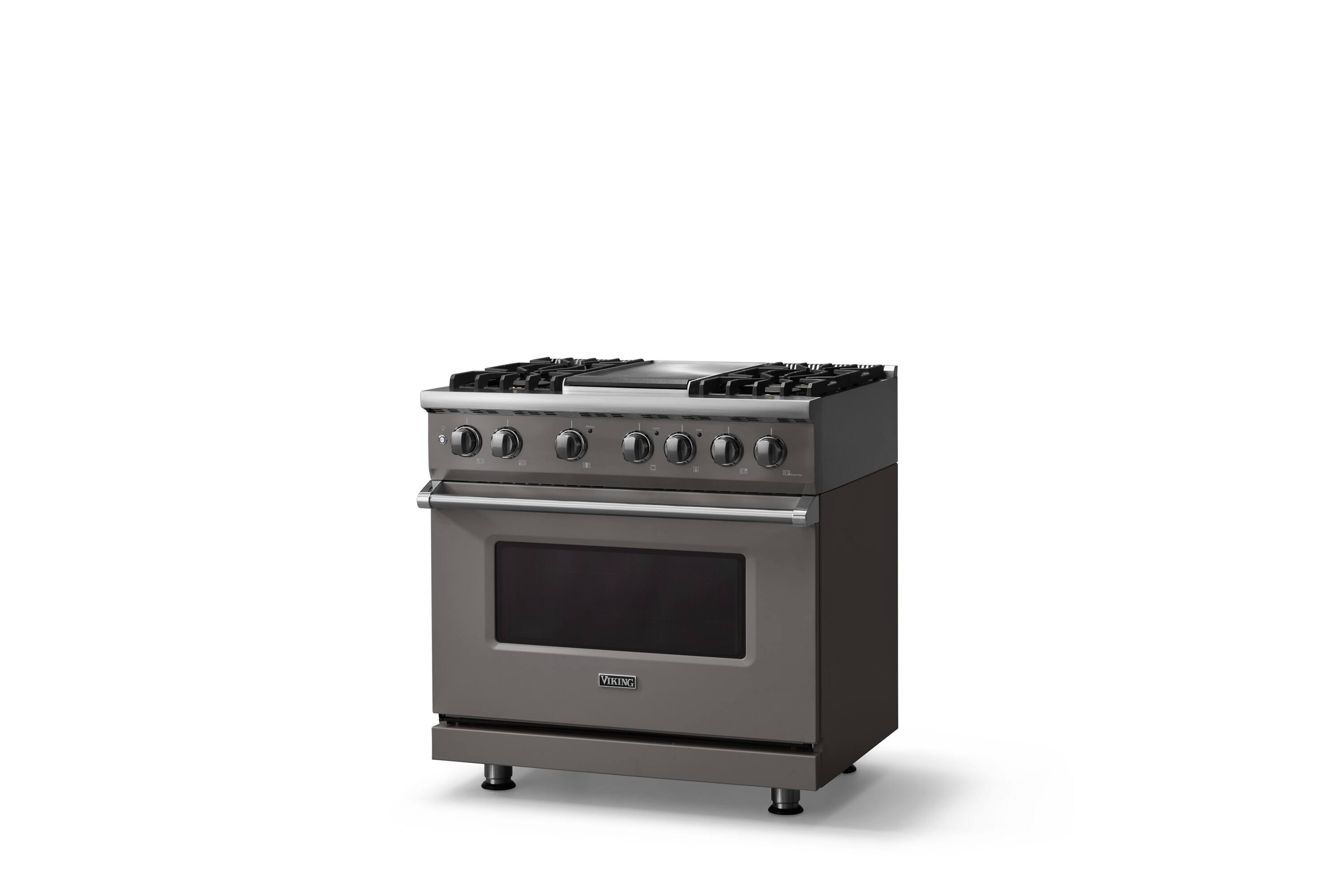 Angle. Viking - 36 in. Wide 4 Burner Pro 5 Series 5.6 Cu. Ft. Freestanding Sealed Dual Fuel Convection Range/Griddle - Damascus Gray - Damascus Gray.