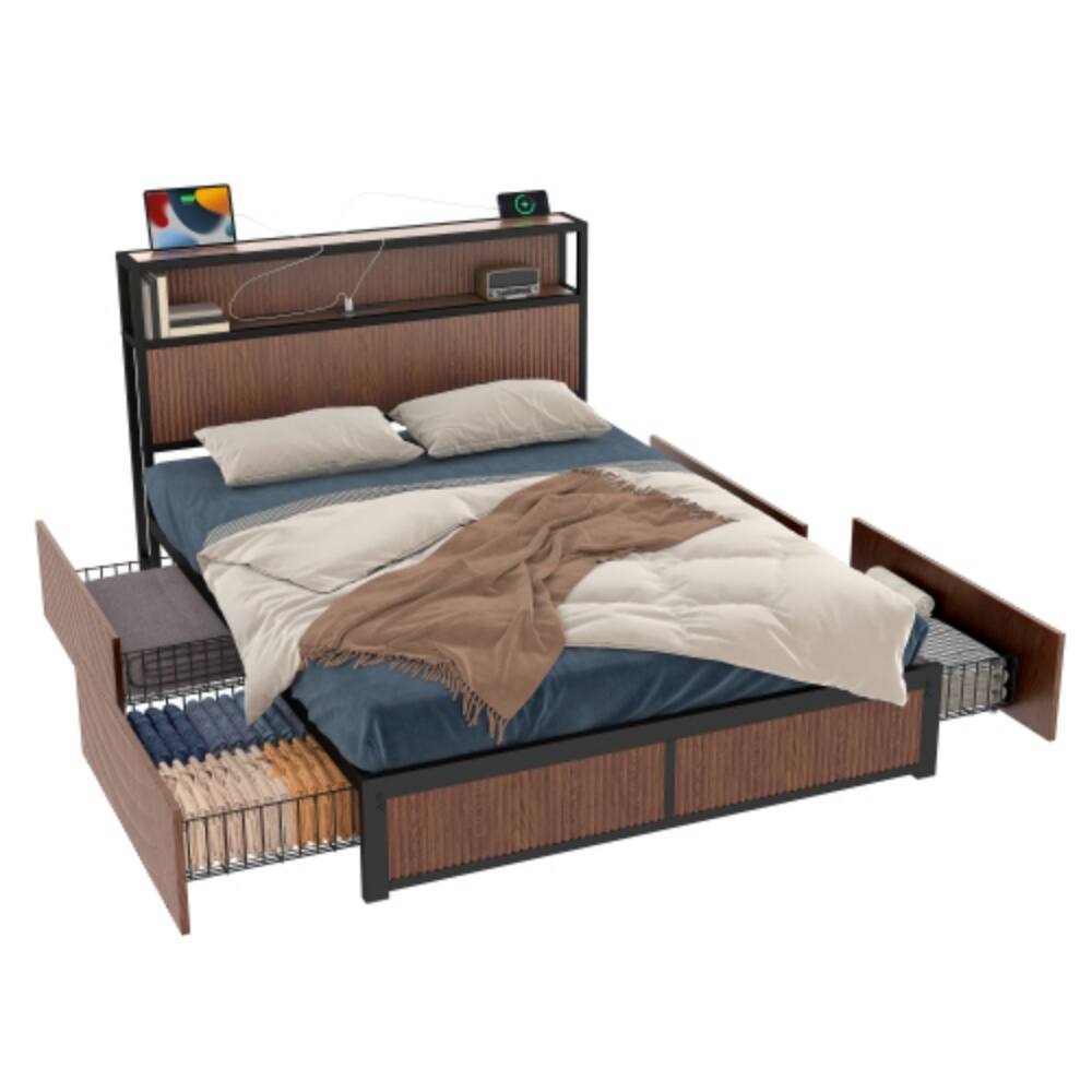 Alt View 3. LUCKY ONE - Queen Size Wooden Platform Bed Frame with Multiple Drawers Storage, USB Socket, Raised Pattern Headboard - Natural Wood.