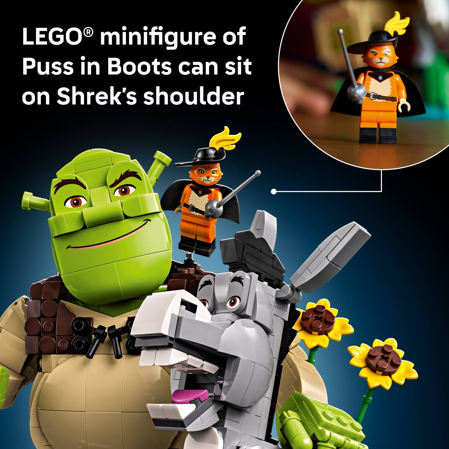 LEGO® minifigure of Puss in Boots can sit on Shrek's shoulder
