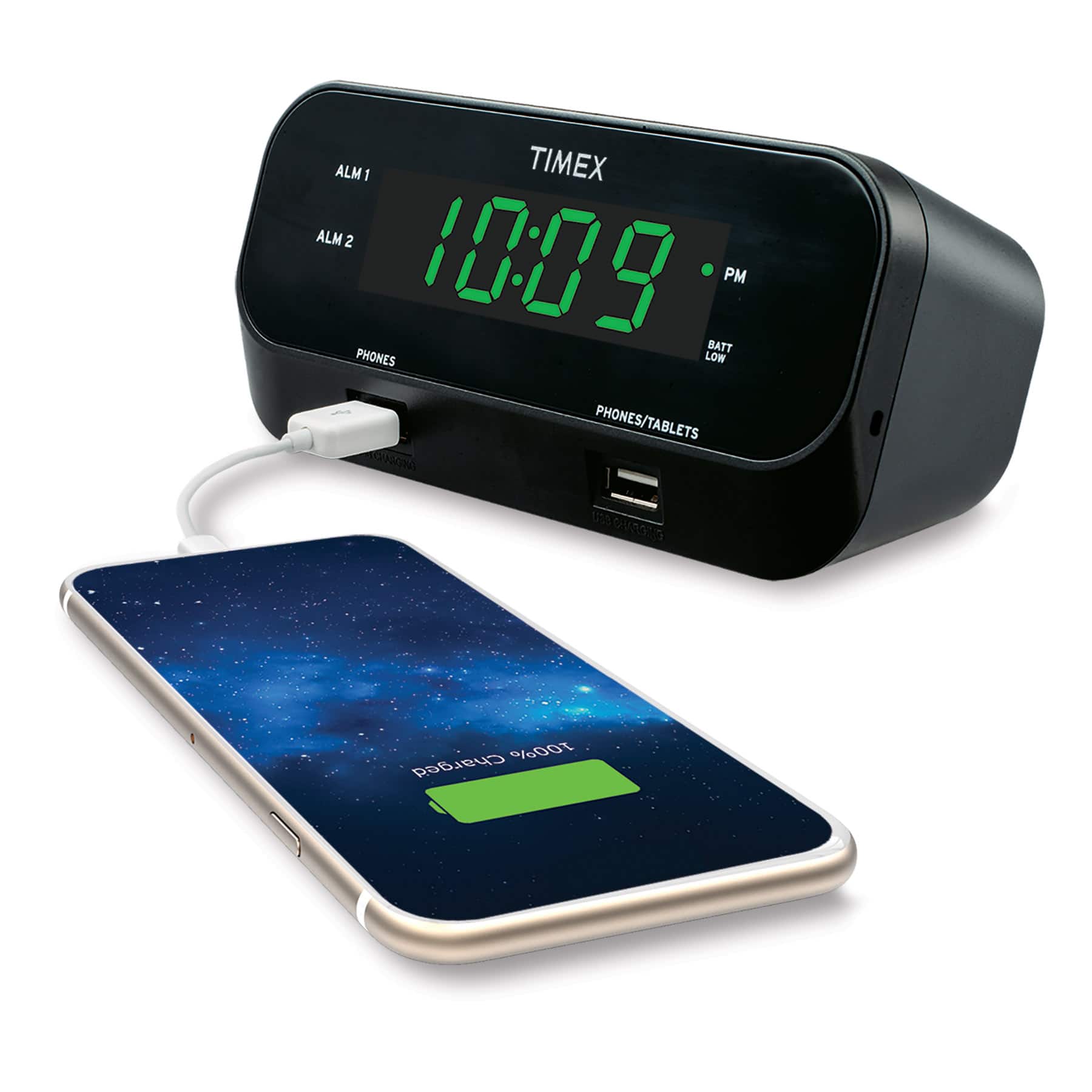 Timex - Alarm Clock with 10W USB Charger and 5W USB Charger (T129) - Black