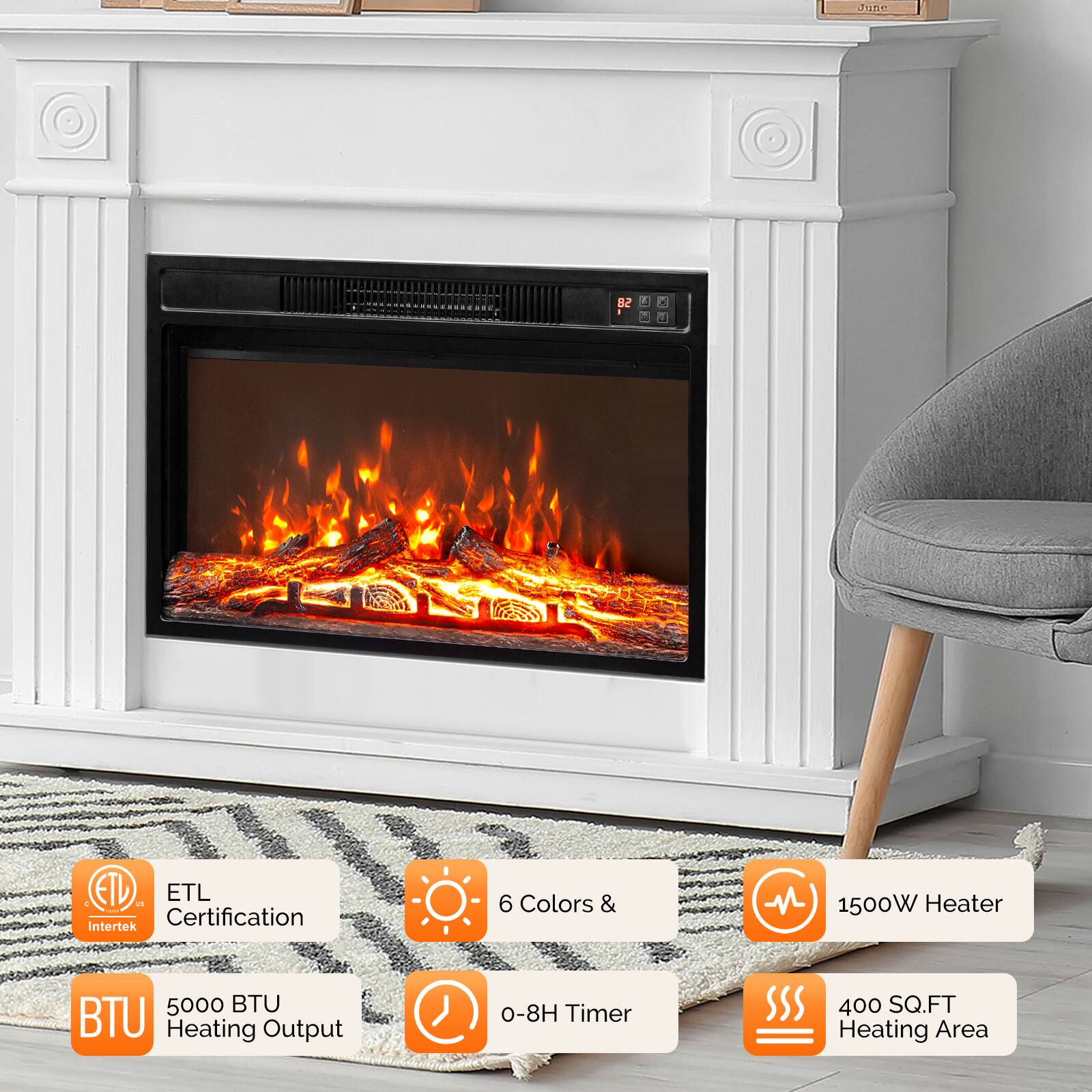 - ETL Certification
- 5000 BTU Heating Output
- 6 Colors
- 0-8H Timer
- 1500W Heater
- 400 SQ.FT Heating Area