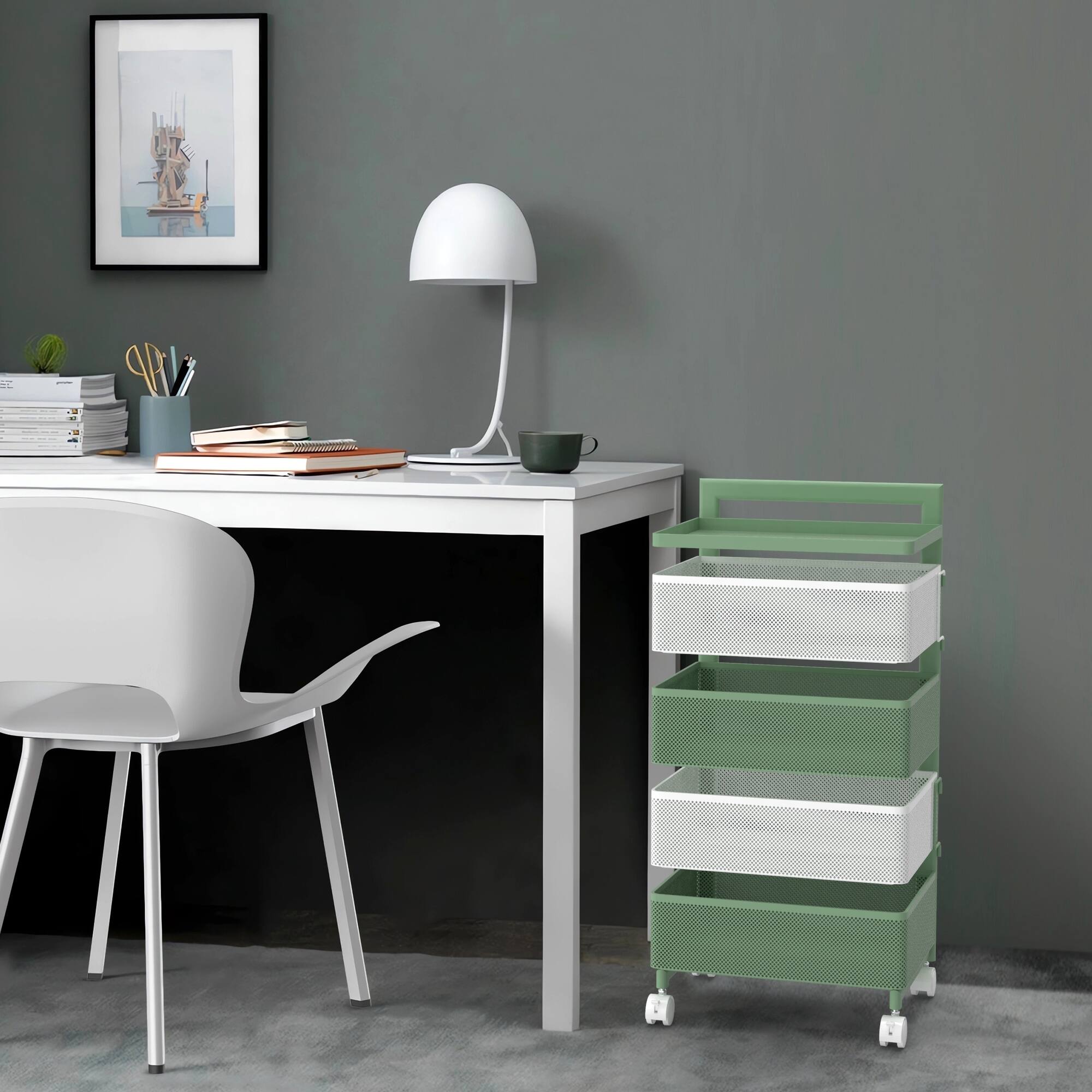 Alt View 1. Malletson - 5-Tier Rotating Kitchen Storage Cart with Wheels, Metal Mesh Organizer for Fruits, Vegetables, and Kitchen Supplies - White Green.