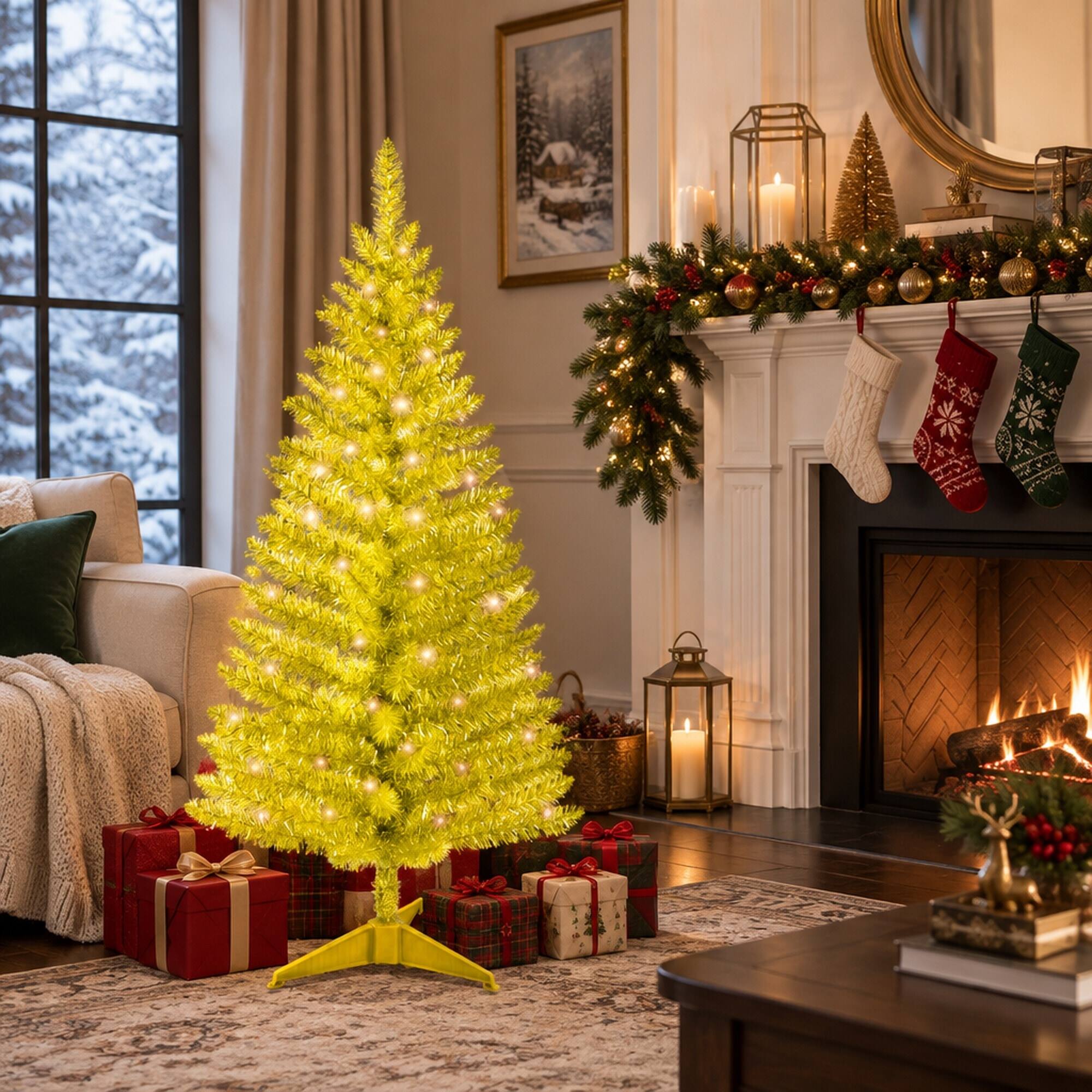 Left. RYHNUYNE - 4FT Pre-Lit Gold Christmas Tree With 50 Lights and 122 PVC Tips, for Tabletop and Small Spaces - Gold.