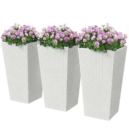 Front. Outsunny - Planters for Outdoor Plants Set of 3, 24 In Taper Planters with Drainage Holes - White.