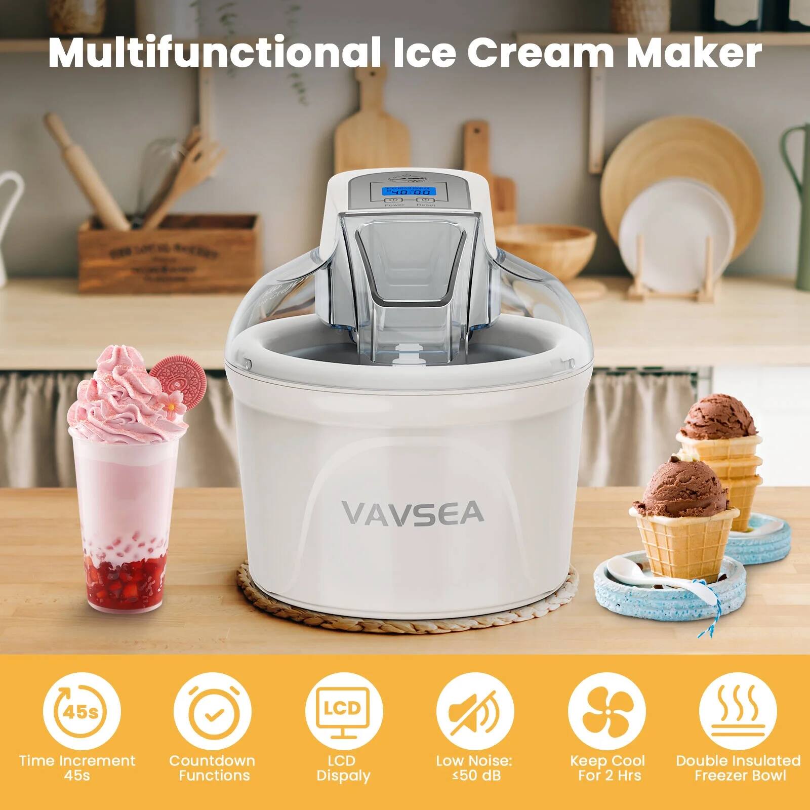 Multifunctional Ice Cream Maker

- Time Increment 45s
- Countdown Functions
- LCD Display
- Low Noise: <50 dB
- Keep Cool For 2 Hrs
- Double Insulated Freezer Bowl