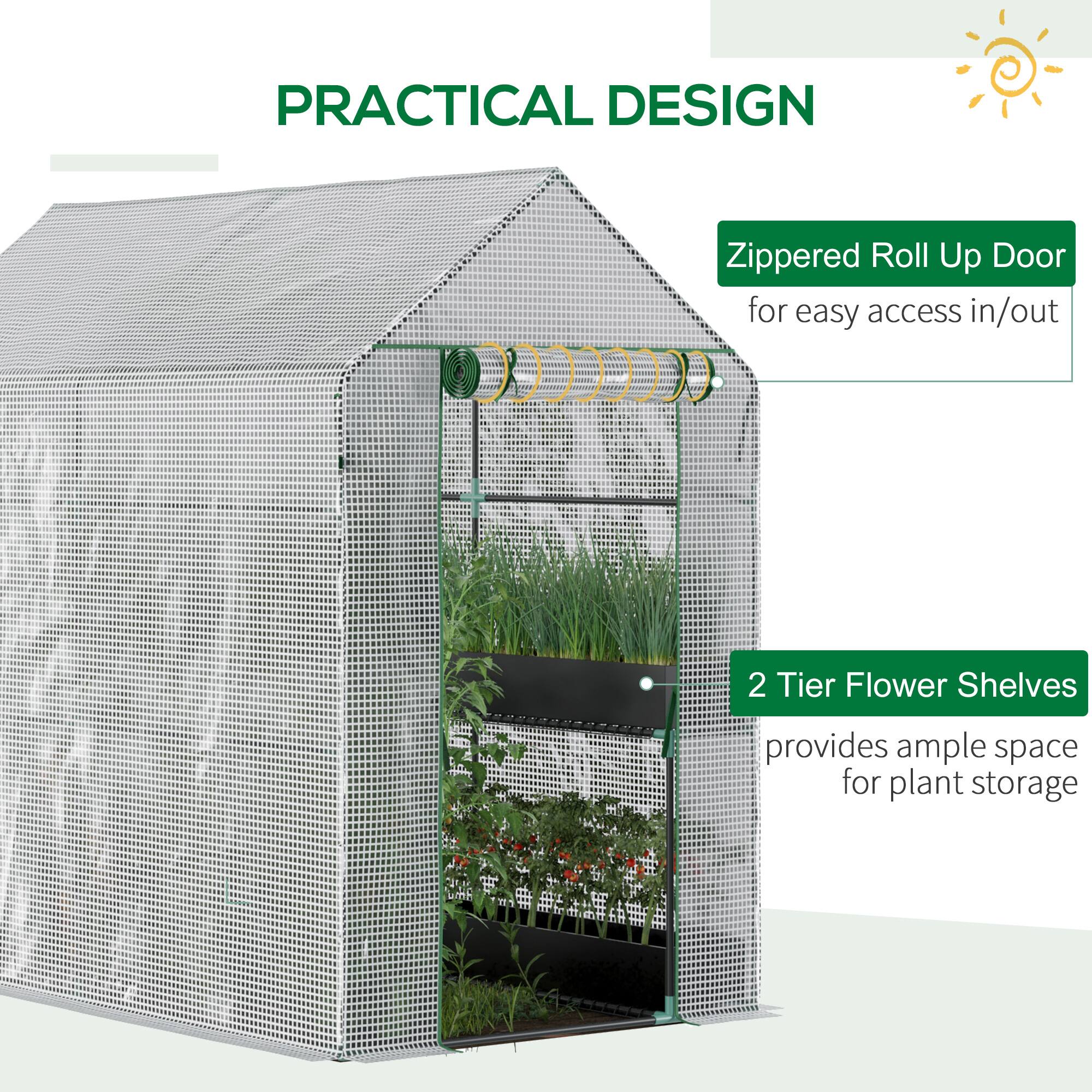 PRACTICAL DESIGN
Zippered Roll Up Door for easy access in/out
2 Tier Flower Shelves provides ample space for plant storage
