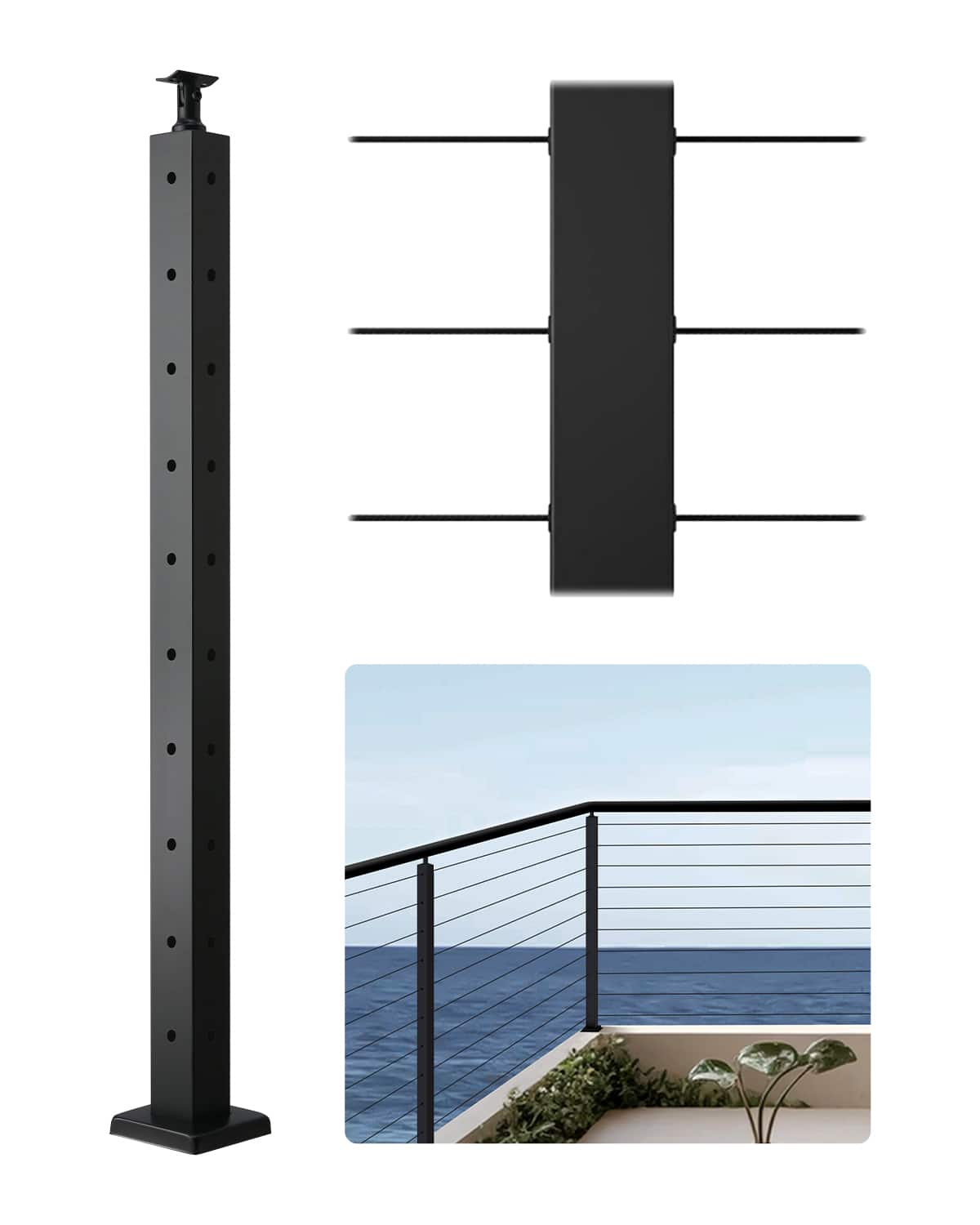 VEVOR - Cable Railing Post, 36x2x2 Inch Corner Railing Post, with L-Shaped Pre-Drilled Holes, Stainless Steel Cable Rail Post - Black