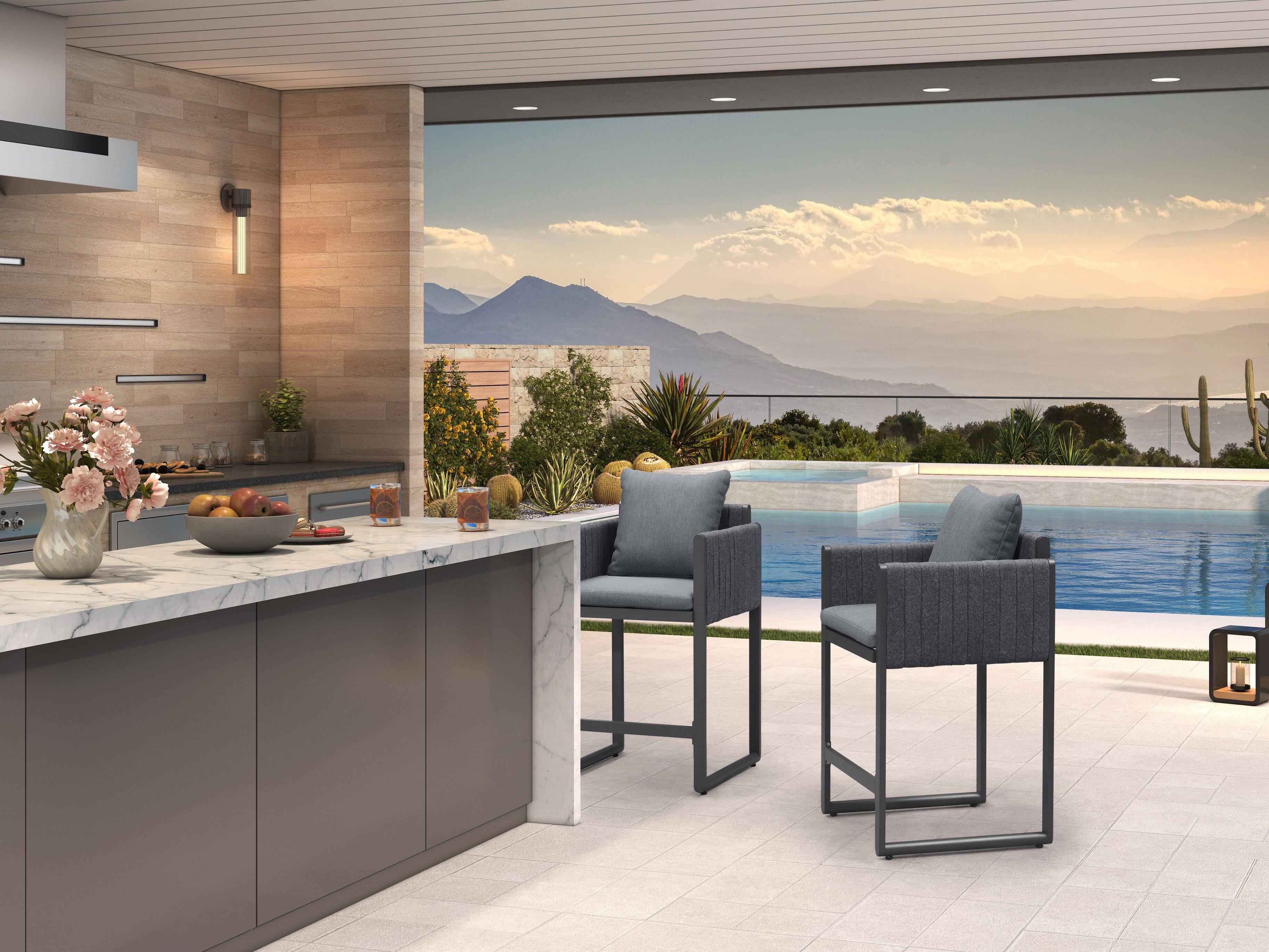 Alt View 1. PURPLE LEAF - Outdoor Counter Height Stool Set of 2 Aluminum Modern Olefin Barstools with Backrest Pillow for Garden Balcony Lawn - Grey & Oval Base.