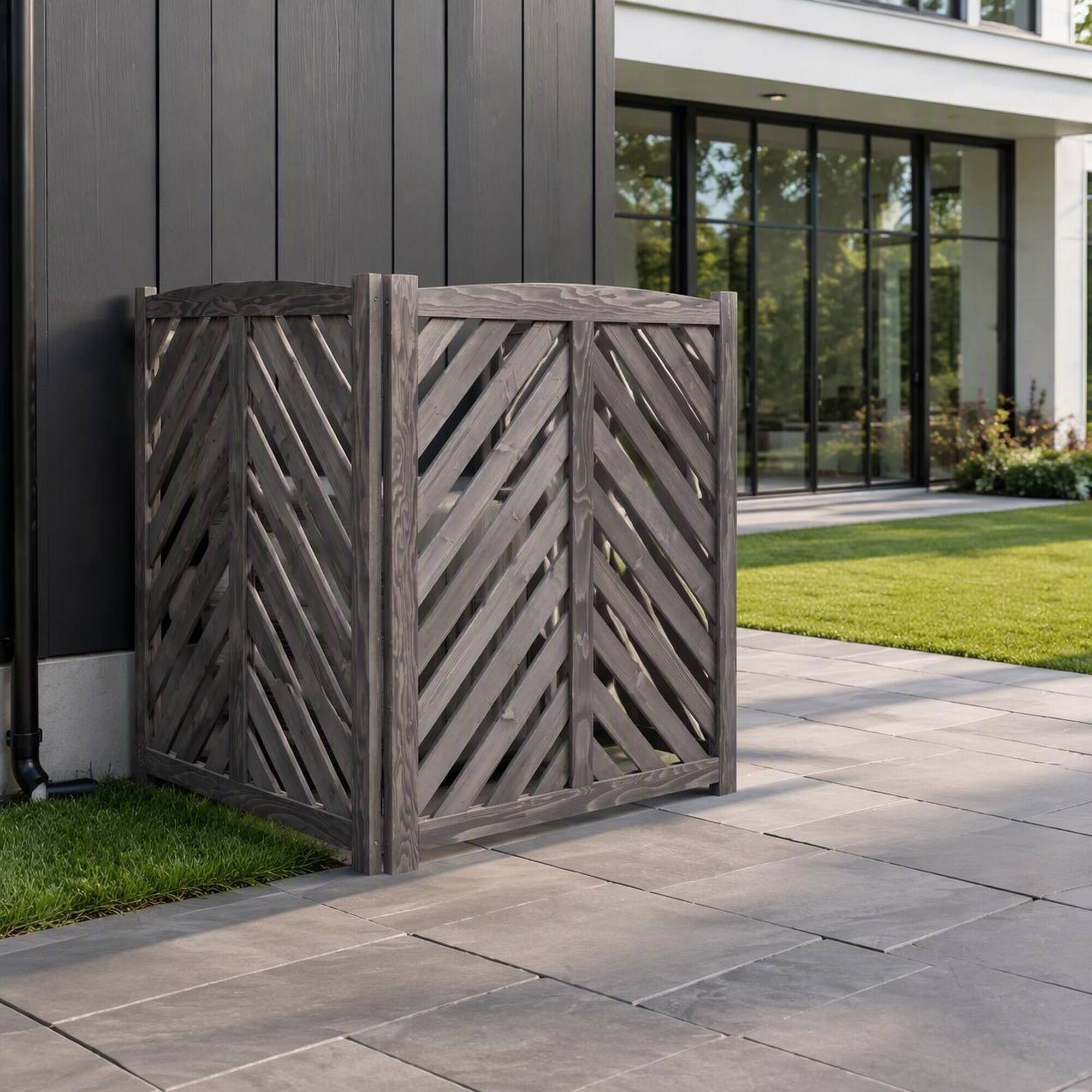 Angle. RYHNUYNE - Cedar 3 Panel Outdoor Privacy Screen for Air Conditioner and Trash Can Enclosure, 32 Inch Wide by 38 Inch Tall - Gray.