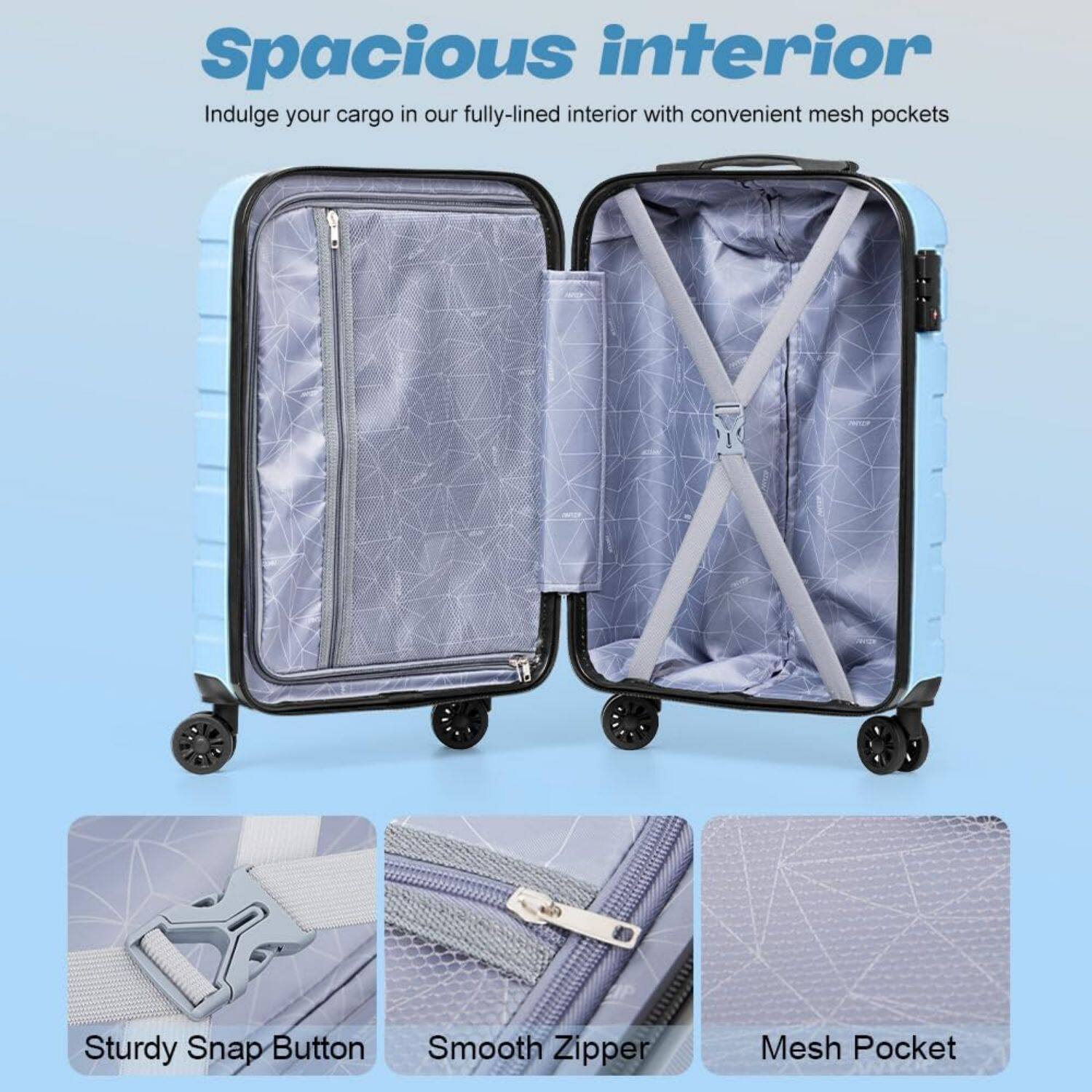 Spacious interior  
Indulge your cargo in our fully-lined interior with convenient mesh pockets  

Sturdy Snap Button  
Smooth Zipper  
Mesh Pocket